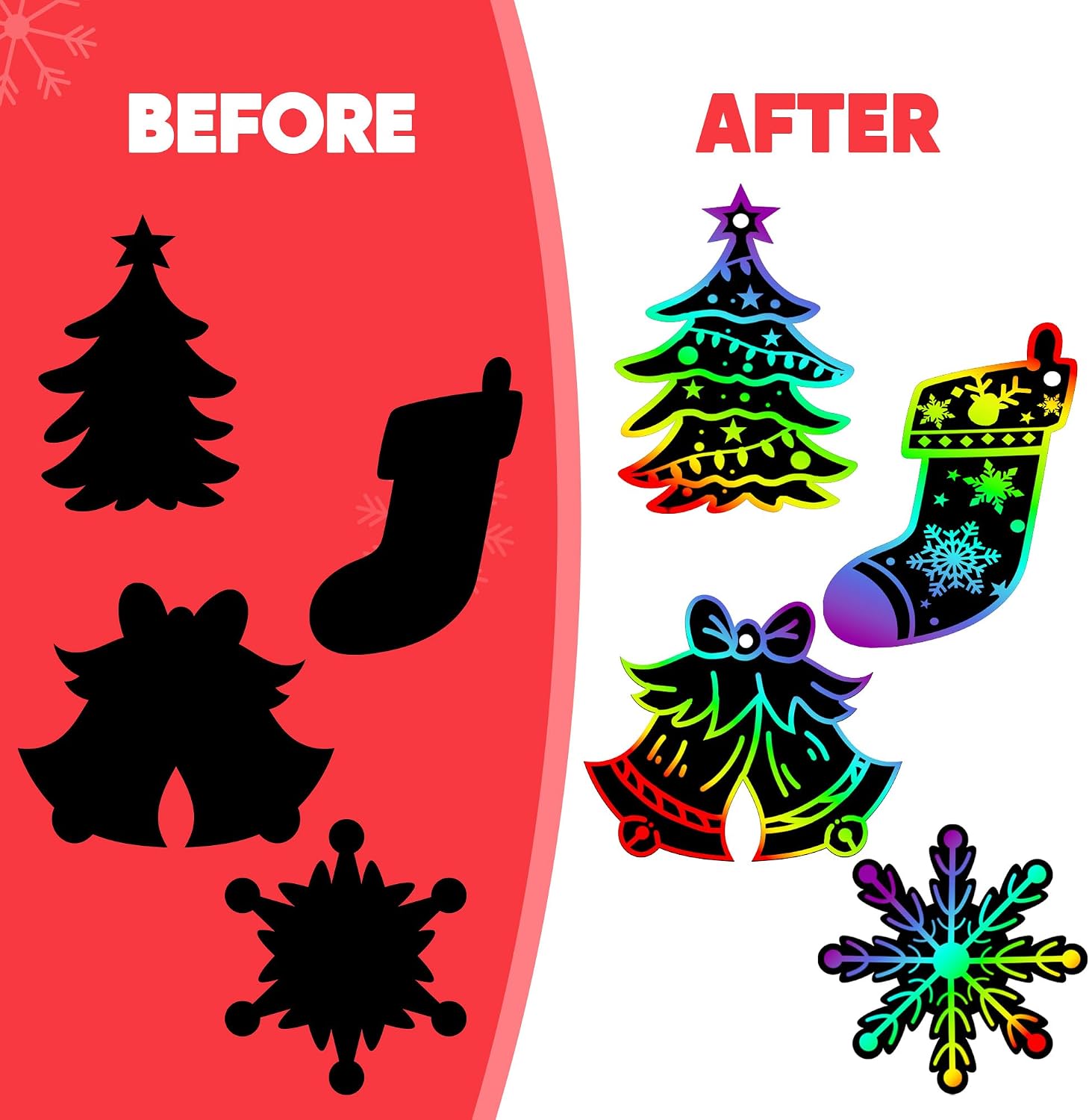 JOYIN 72 Pcs Christmas Scratch Art Ornaments, Scratch Paper Craft Kit Include Snowman, Snowflakes, Christmas Tree, and Reindeer, Rainbow Color Scratch Off Hanging Ornament for Kids Party Favors