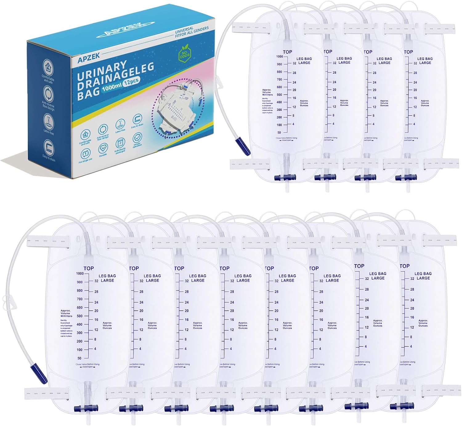 1000ml Foley Catheter Leg Bags, Urinary Drainage Bag for Men Women with Anti-Reflux Valve 18” Tubing and Adjustable Cloth Straps Easy Flip Drain Individually Packed, Pack of 24