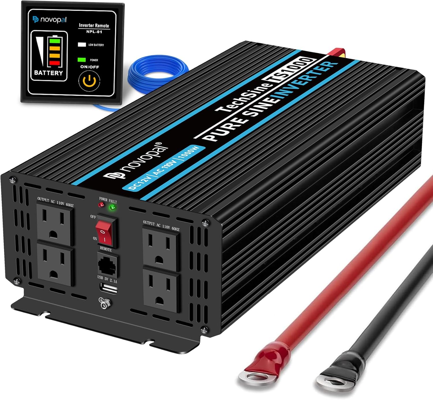 NOVOPAL 1000W Pure Sine Wave Inverter, 12V DC to 110V/120V AC Car Power Converter, DC-AC Power Inverter with 4 Outlets, High-Power Terminals - 16ft Remote Control, LCD Display.