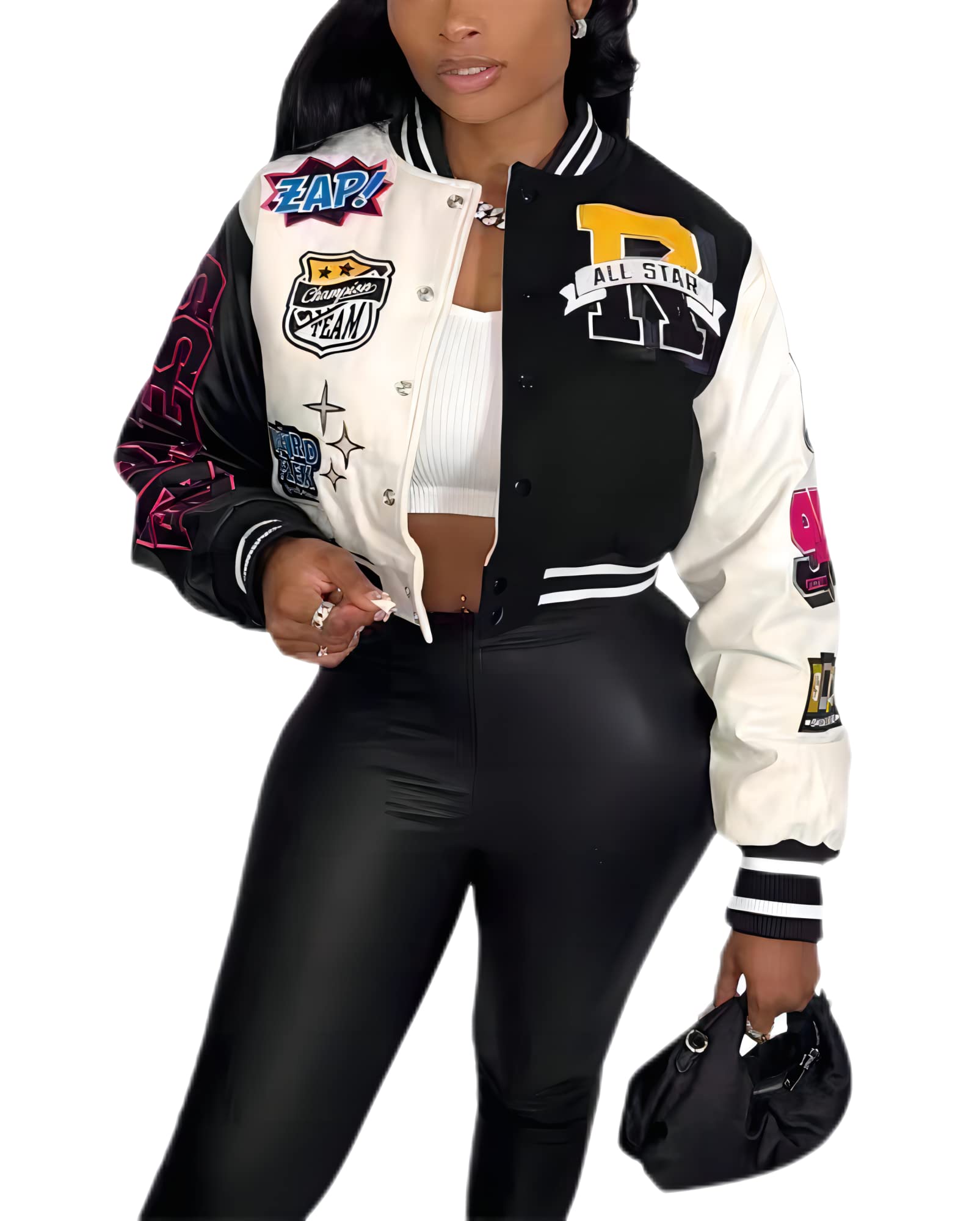 VOIKERDRCollege Jacket for Women Casual Button Down Jacket Stand Collar Baseball Uniforms for Women Winter Coats for Women Black M, Black, M