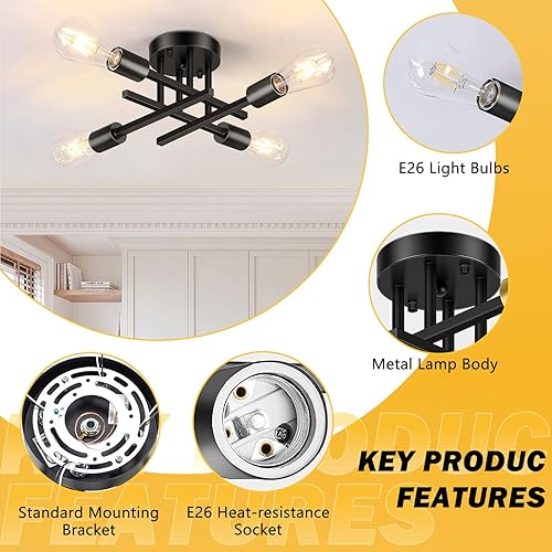 Miniatura 3 de Asnxcju Lámpara de techo semiempotrada para pasillo, 4 luces, montaje de techo negro de granja, iluminación de techo interior para cocina, sala de