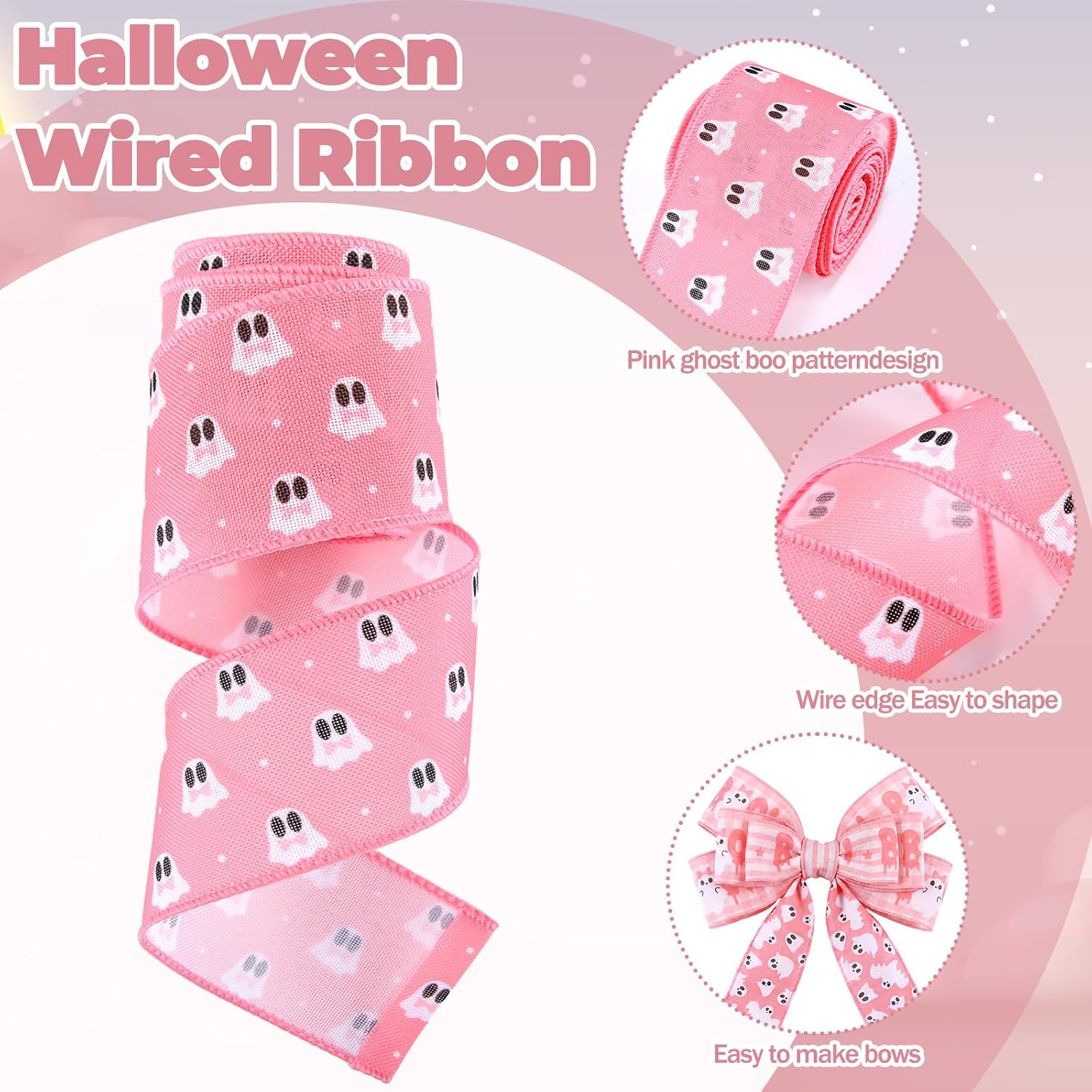 12 Rolls 60 Yards Pink Ghost Halloween Wired Ribbon for Wreath Bow image 5