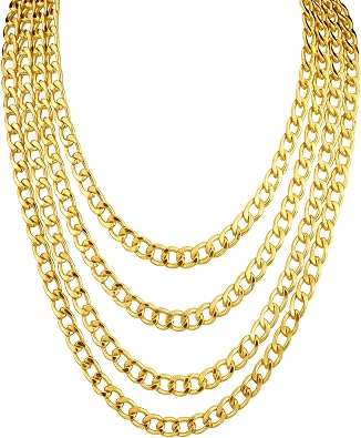 4 Pack 18/20/22/24inch Different Size Fake Gold Chain Hip Hop Rapper Faux Gold Stainless Steel Chunky Chain for 80s, 90s Party W 8mm for Women Men