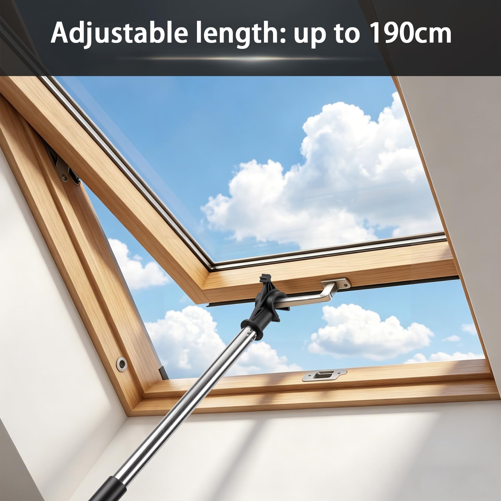 Asta telescopica per lucernario 1.9m, Acciaio Inox con Gancio Universale, per lucernari Velux GGL/GGU e tapparelle, Bastone telescopico per finestra da tetto