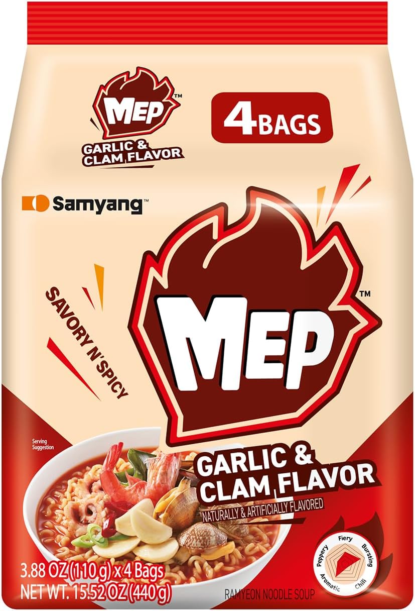 Samyang MEP Garlic Clam Ramen, Spicy Korean Instant Bag Noodle Soup, Refreshing Seafood Broth Ramyeon, Easy Cook Noodles, 3.88 oz (Pack of 4 Bags)