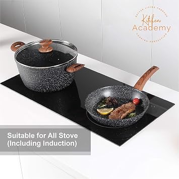 Kitchen Academy Pots and Pans Set Non Stick, 12pcs Induction Cookware | Nonstick Kitchen Cookware Set, Black Granite Cooking Pans, PFOS & PFOA Free, Easy Food Release, Fast & Even Heating