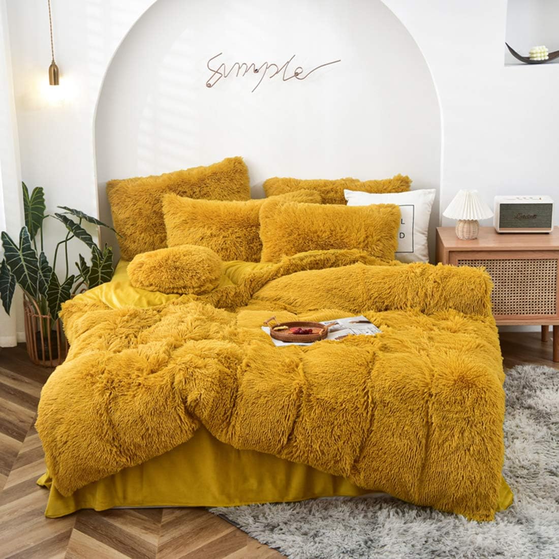 MorroMorn 5 PCS Shaggy Duvet Cover Bedding Set Fluffy Comforter Cover Long Faux