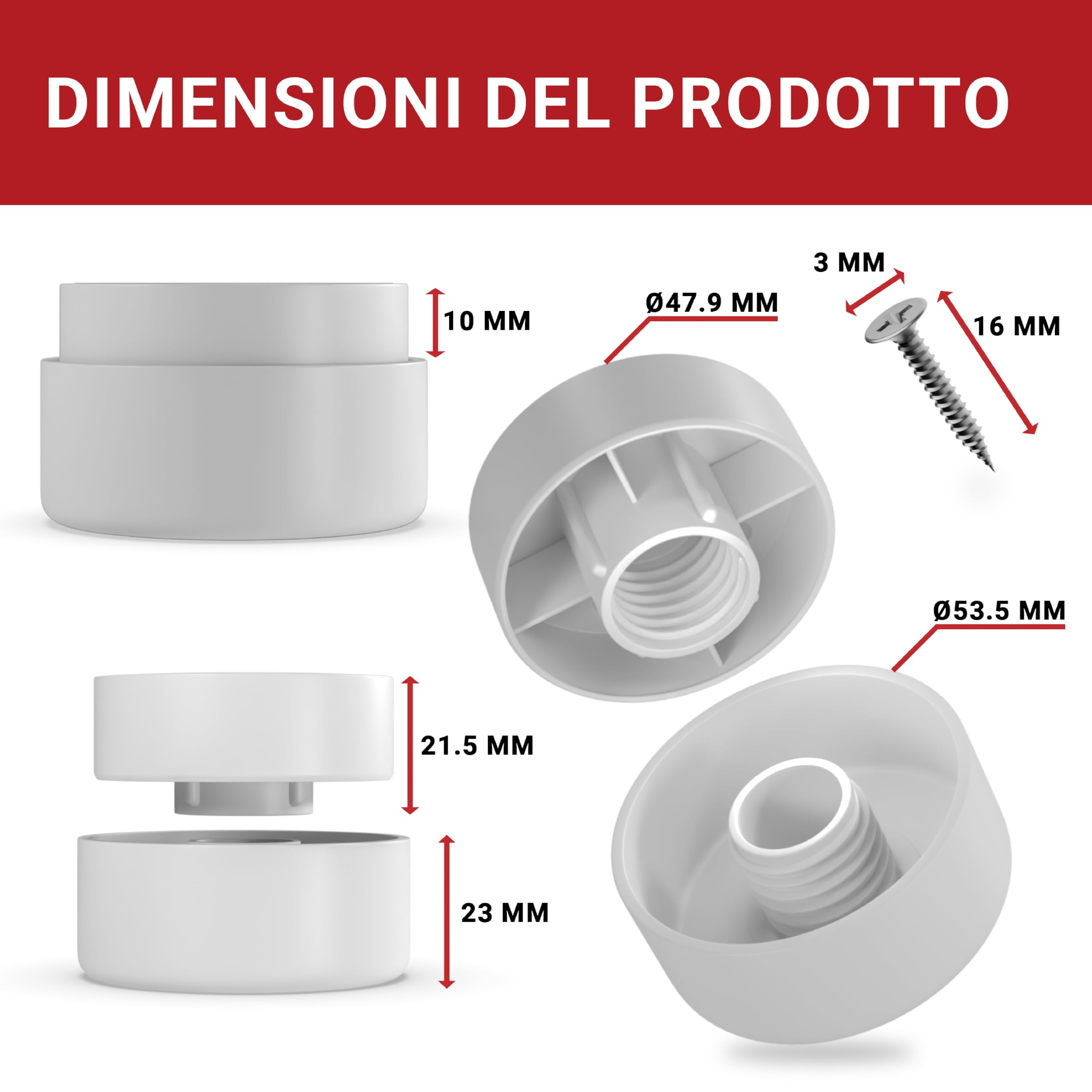 LouMaxx Piedini per Mobili Adesivi Regolabili in altezza Ø 55,5 mm – Piedini Mobili Bianchi Altezza Regolabile – Rialzi per Mobili con Materiale di Montaggio – Set da 8