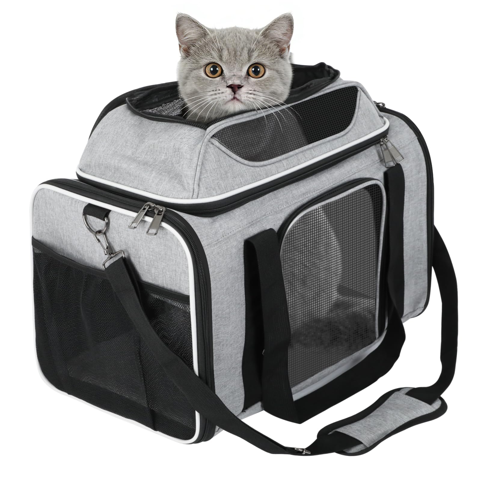Transportbox Katzen,Faltbare Katzen Transporttasche,für Katze und Welpen bis 8 kg,Atmungsaktiv Katzen transportboxen,mit Sicherheit Reißverschlüsse,für ob Reise,Oder Tierarzttermin (Grau)
