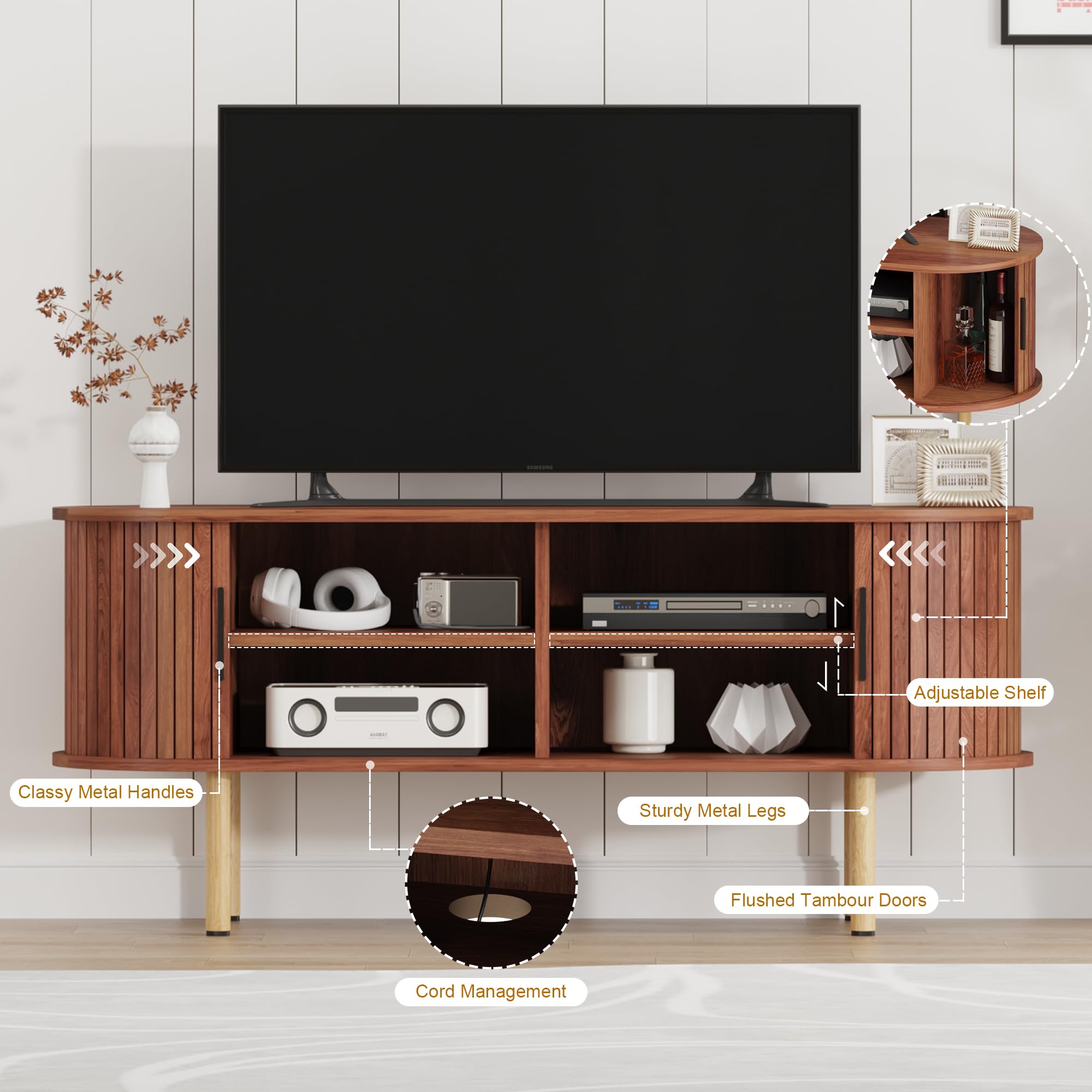 Garvee Mobile Porta TV 120 cm (47,2") per TV fino a 80" - Console TV moderna in legno finitura noce - Ante scorrevoli, vani contenitore e ripiani regolabili - Per soggiorno/camera/ufficio - Huang