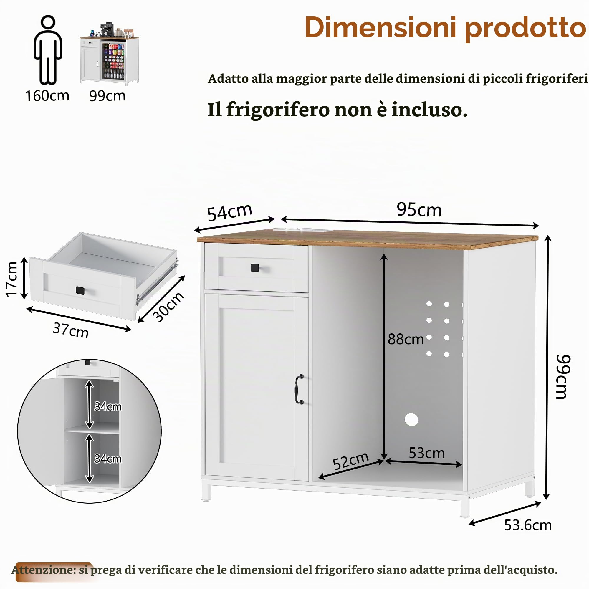 Credenza Cucina,Mobile Cucina con Presa di Corrente Porta USB,Mobiletto Portaoggetti per Mini Frigo,Buffet Moderno,Credenza Soggiorno con Cassetti e Armadi,Adatto per Hotel,Casa,Ufficio, 95x53.6x99cm