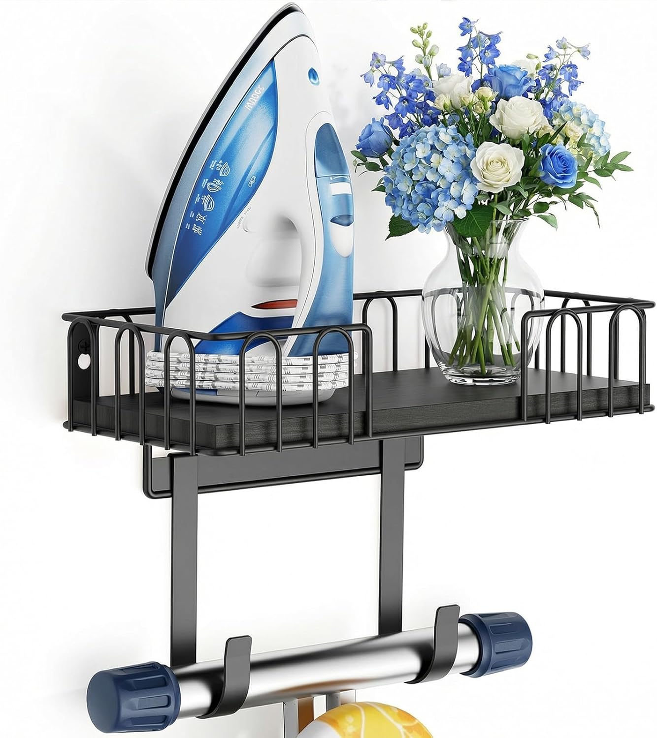 TJ.MOREE Ironing Board Hanger Metal Wall Mount, Ironing Board Holder, Iron Wood Shelf with Large Storage, Laundry Room Decor Black