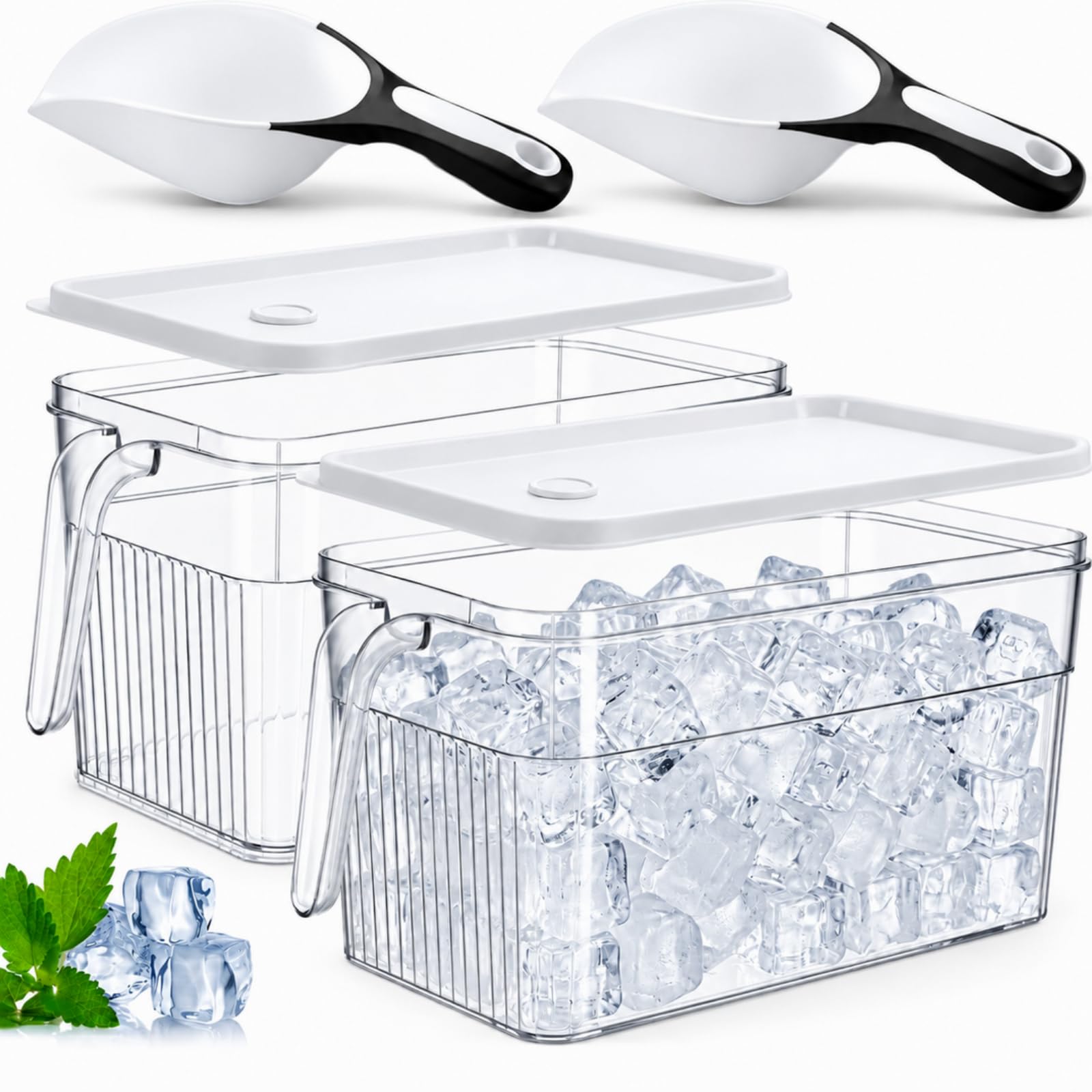 Ice Bin for Freezer with Lid Scoop, Heighten, 12.6 x 6.3 x 5.9 Inch