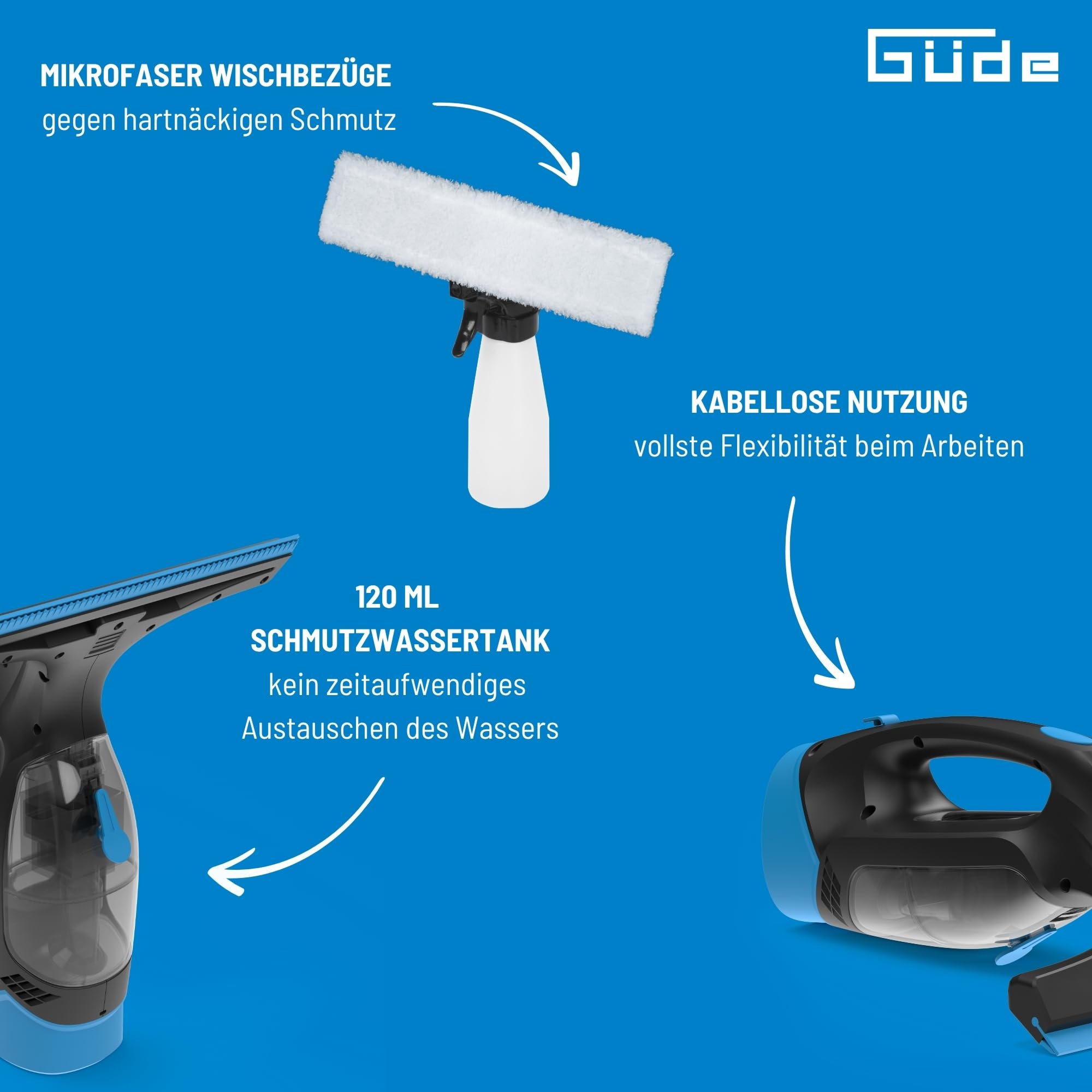 Güde Akku Fenstersauger GAFS 280 (3,7 V, 28 cm Arbeitsbr., 125 ml abnehmb. Schmutzwassertank, 1,8 kPa max. Unterdr., 30 min Arbeitszeit mit vollem Akku, inkl. Ladegerät, Sprühflasche & 2 Wischbezüge)