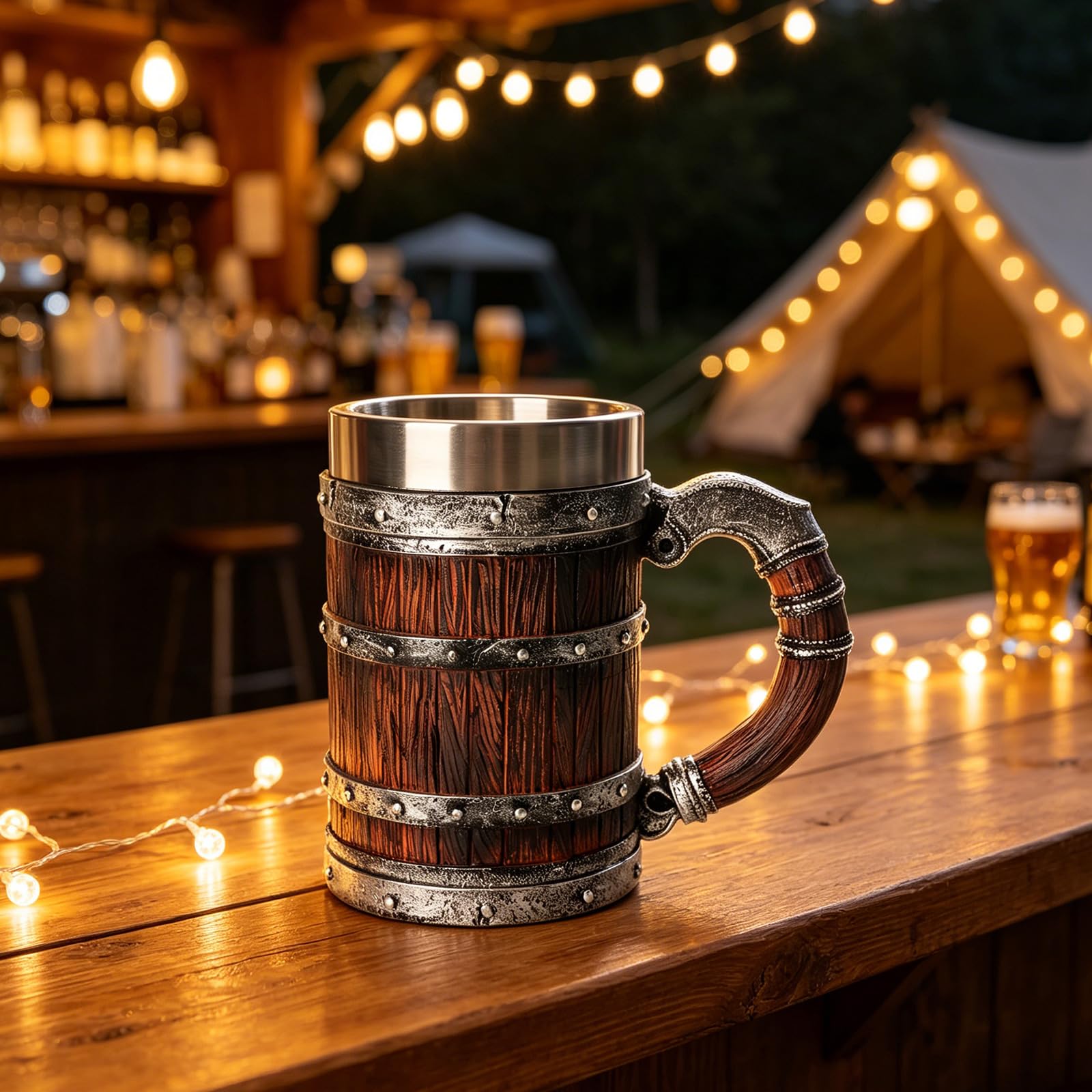Grand verre à bière en résine - Double paroi - Pour boissons chaudes et froides - Élégant gobelet en forme de fût en bois - En acier inoxydable - Pour fêtes à la maison
