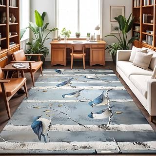 Spring Tree Trunk Branch Bird Rectangle Area Rug-3x5ft Washable Rugs Soft Non-Slip Accent Carpet Animal Leaves Oil Painting Indoor Floor Mat for Bedroom Living Room Home Office Decor