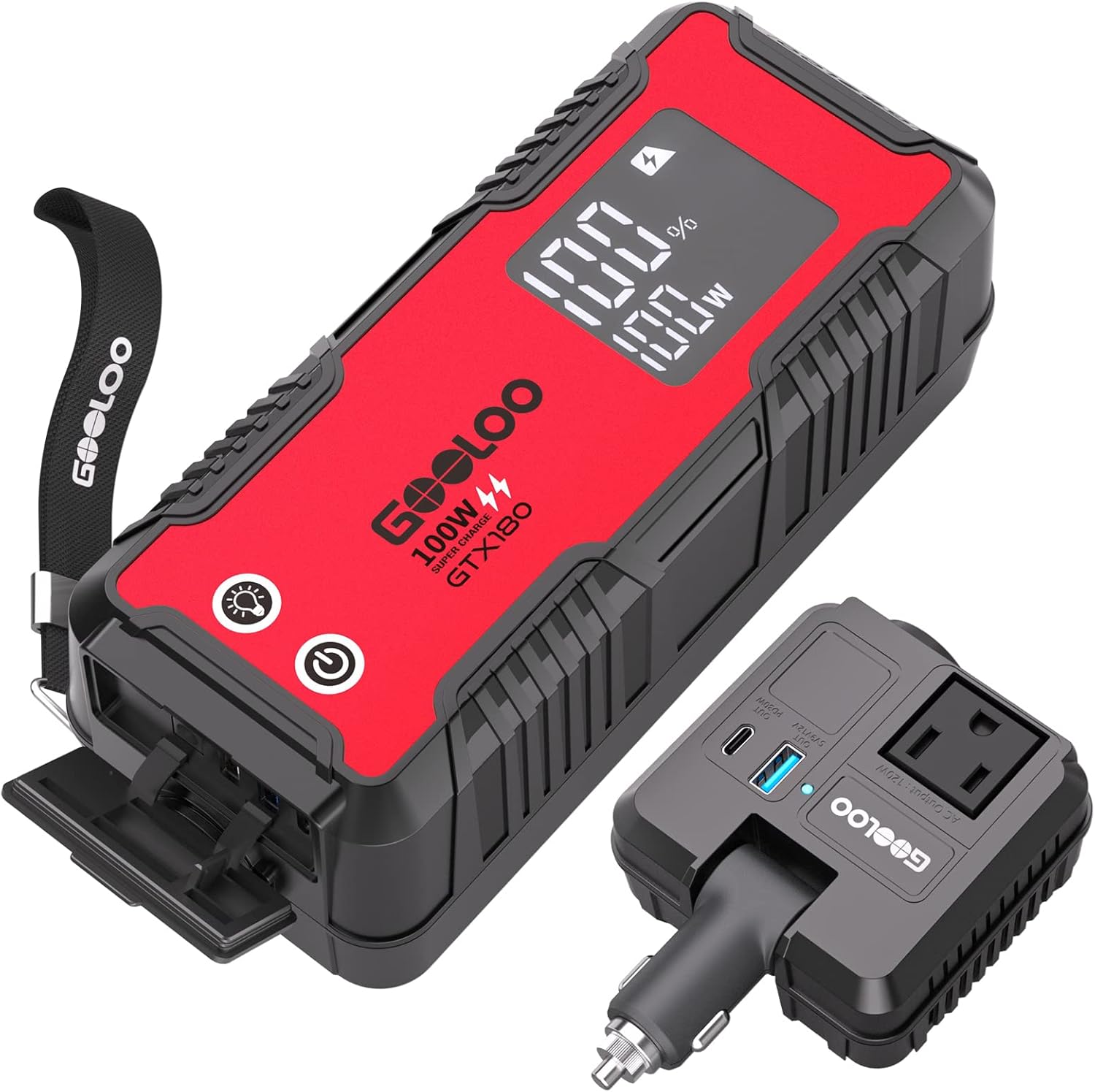 GOOLOO GTX180 Portable Power Station with detachable car inverter showing multiple ports.