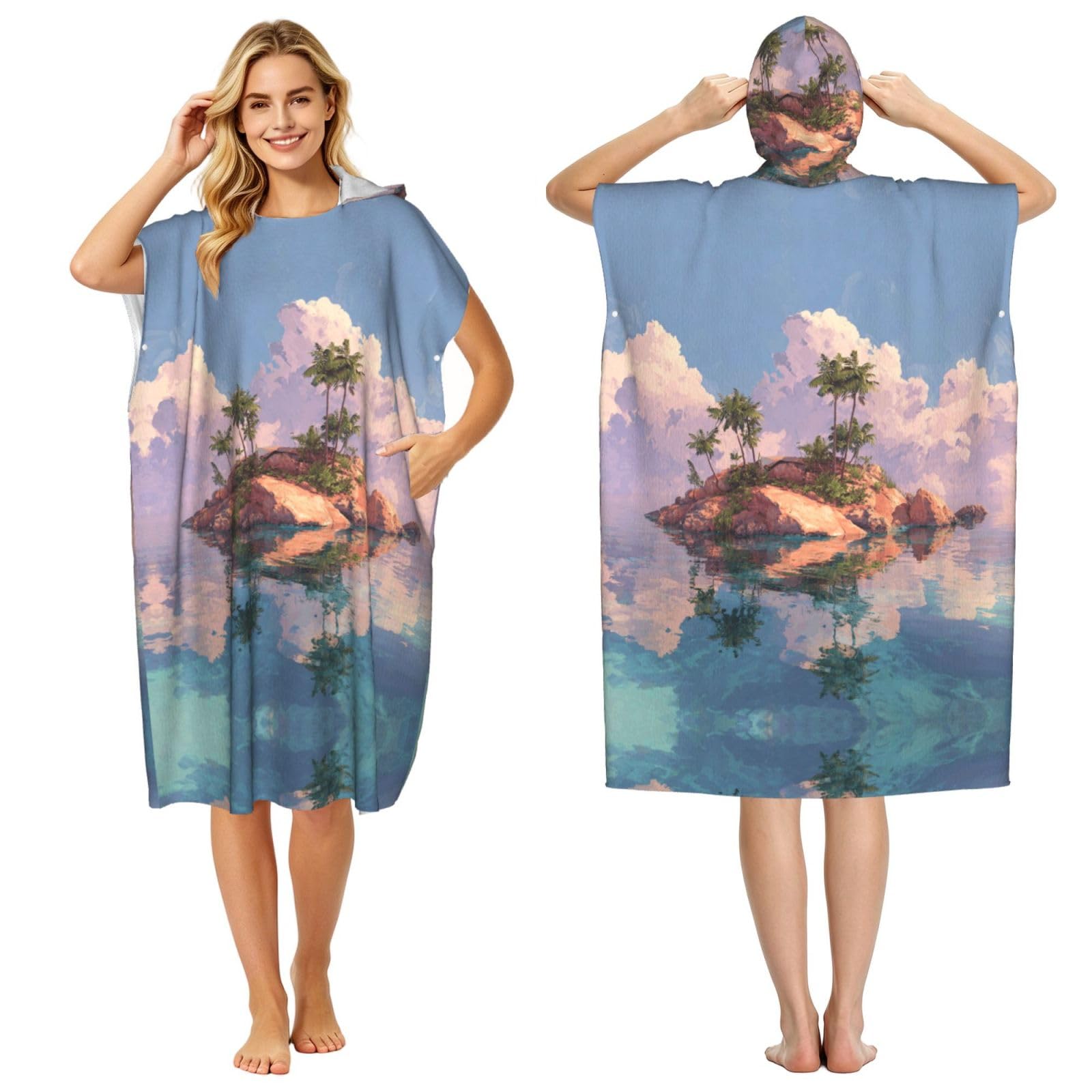 ESNAIUVCD Island Scenery Print Changing Robe, Hooded Towel Poncho For Swimming Pool, Beach,Quick Dry Light Weight Towelling Poncho