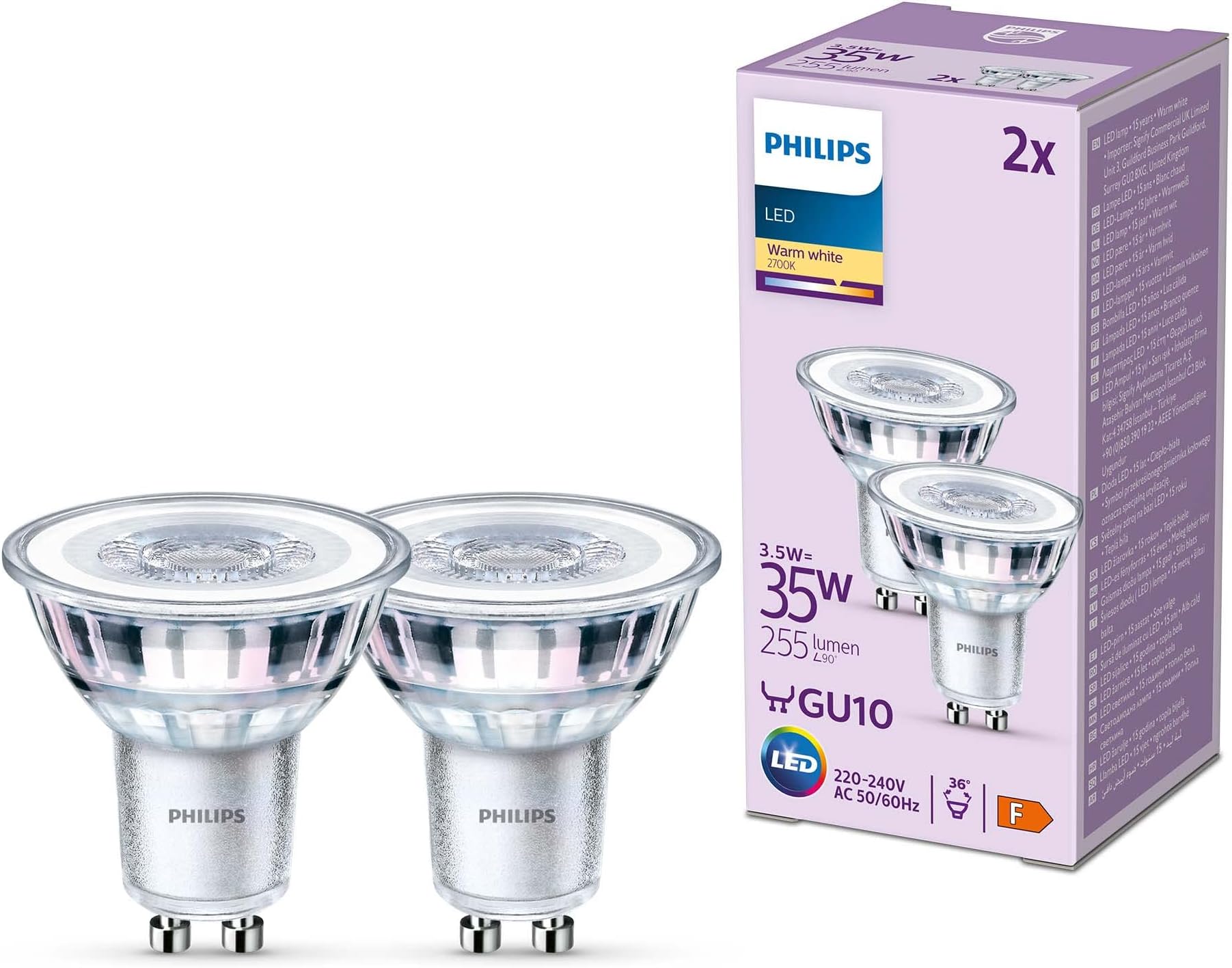 PHILIPS LED Classic Spot Light Bulb 2 Pack [Warm White 2700K - GU10] 35W, Non Dimmable. for Home Indoor Lighting