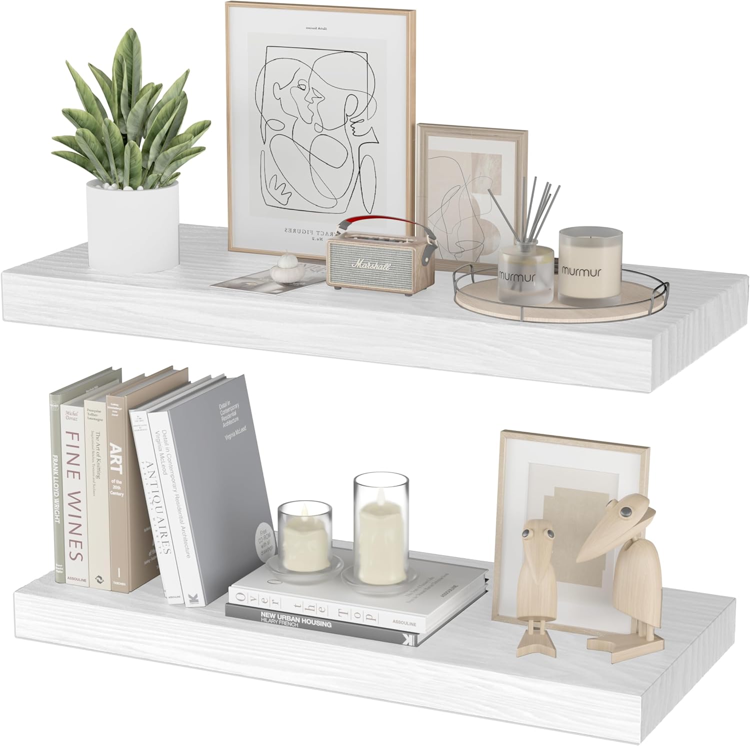 Floating Shelves for Wall- 17 Inch Natural Wood Whtie Shelves for Bathroom, Bedroom, Kitchen Decor, Farmhouse Decor Set of 2