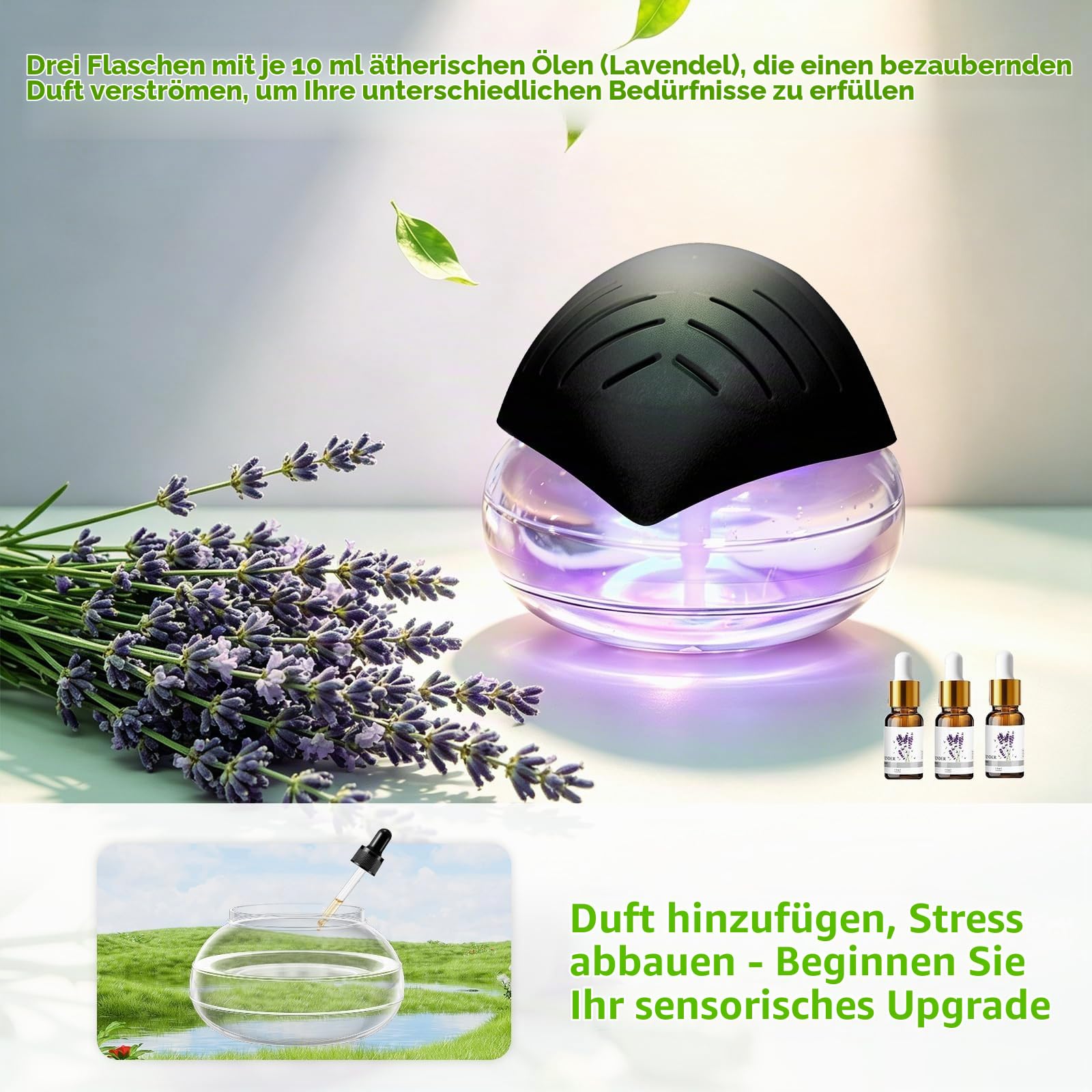 Lufterfrischer Luftbefeuchter Aroma Diffuser Ioniser with 30ml Essential Oils, Aromatisierer Raumluftreiniger, Water Air Purifier &Colour Changing LED Light/Schwarz