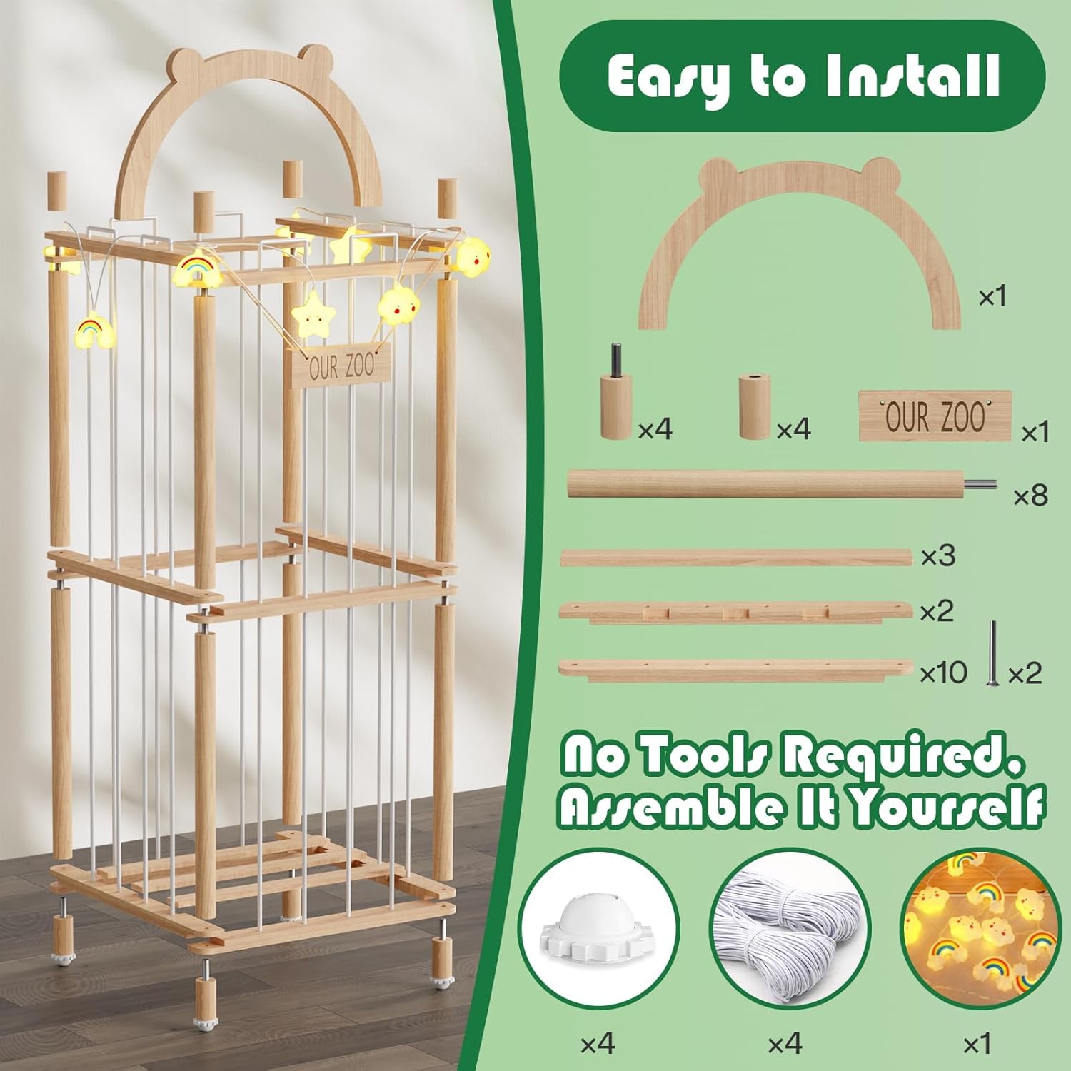 Movable Natural Wood Stuffed Animal Zoo Storage, Patterned Stuffed Animal Storage with Zoo Theme, Elastic Band-Equipped Stuffed Animal Holder, for Nursery/Play Room/Bedroom - Image 7