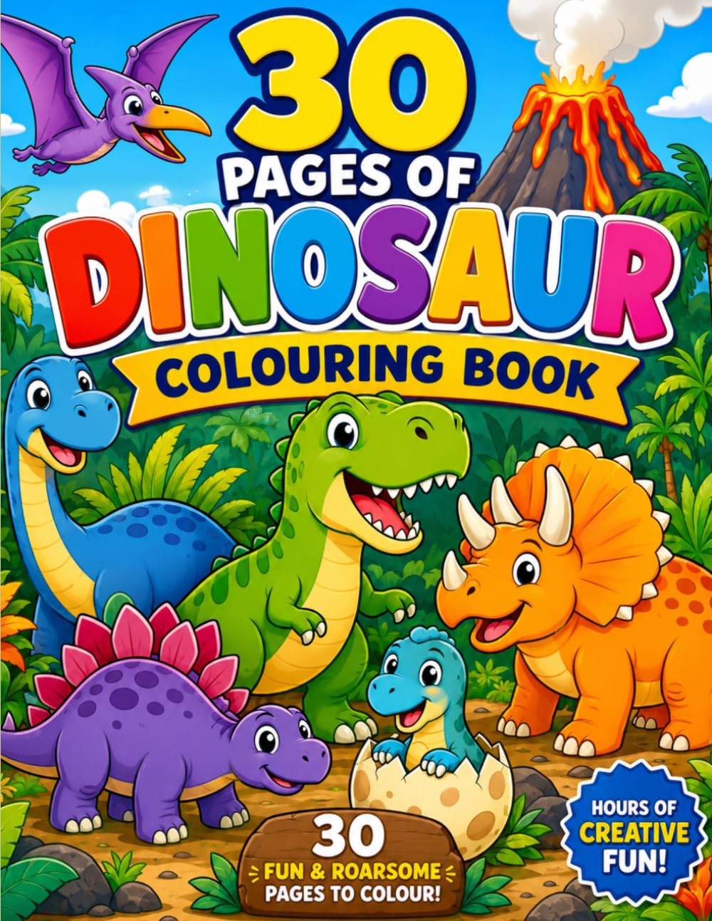 Cute Dinosaurs Coloring Book: 30 Fun and Easy Dinosaur Coloring Pages for Kids Ages 3-8