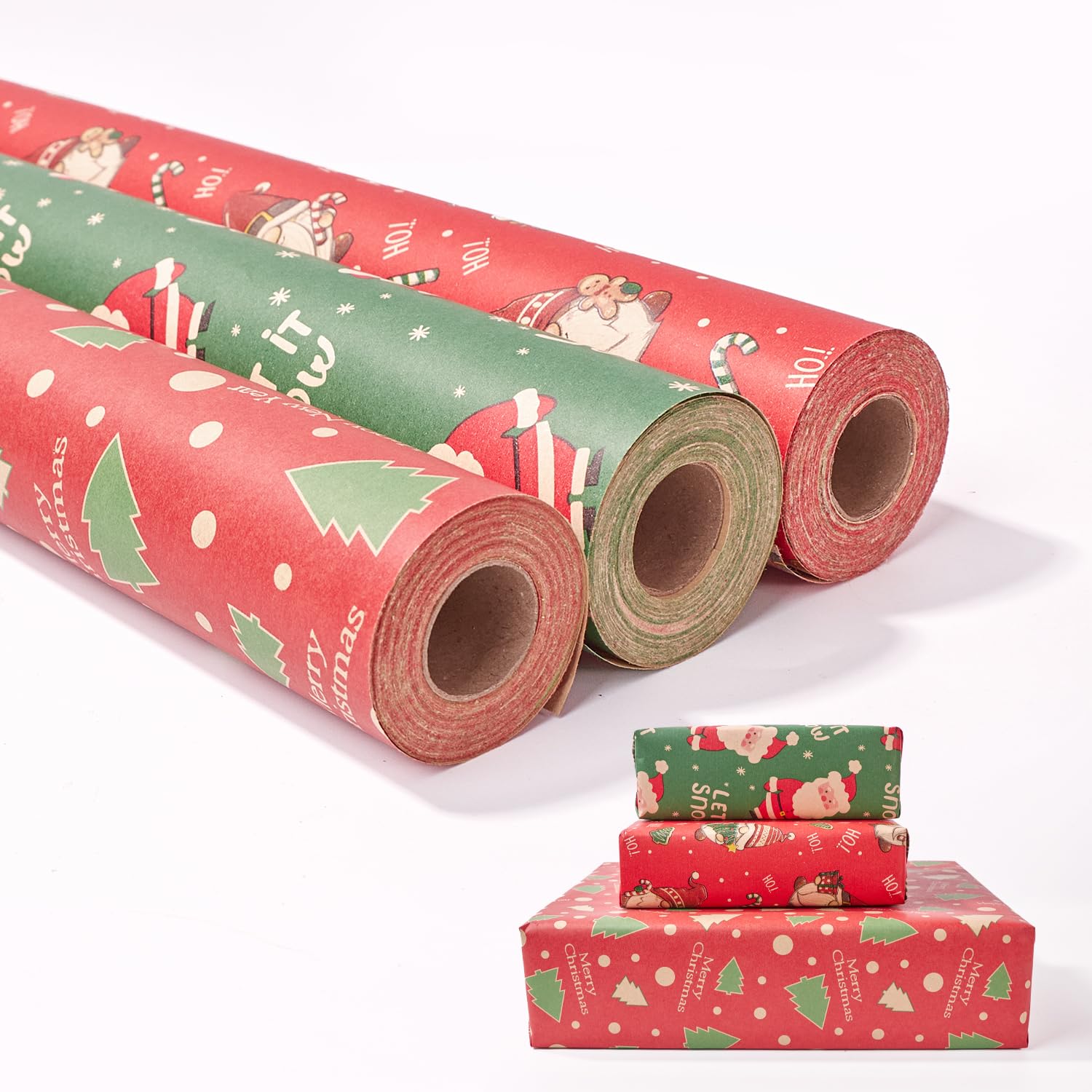 HBell Christmas Wrapping Paper Roll,3 Rolls 43cm*10m Christmas Wrapping Paper,Xmas Kraft Wrapping Paper for Xmas Party Gifts,New Year Festival Birthday Party Decorations (Green Santa)