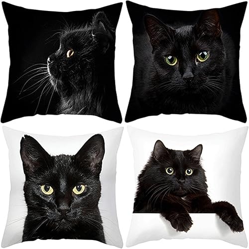 Fundas de cojín con diseño de gato negro, paquete de 4 fundas de almohada con temática de animales, divertidas y elegantes, para el hogar, para
