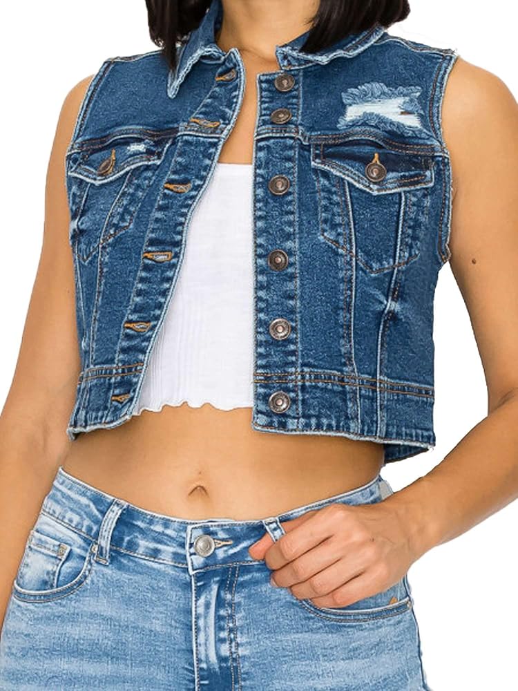FashionMille Women Button Up Sleeveless Distressed Boxy Jean