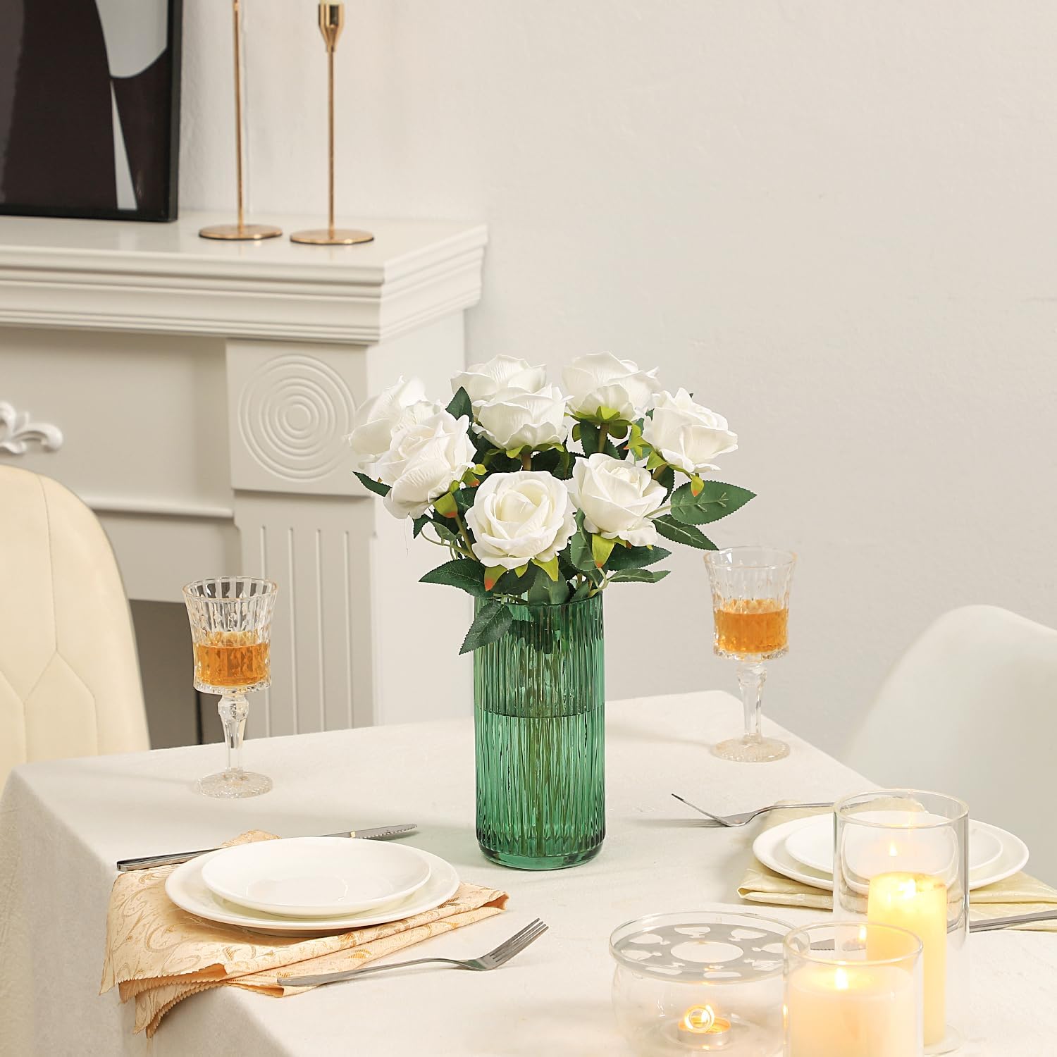 Ribbed Glass Vase, Flower Vases for Bouquet, Green Glass Vases for Flowers, Modern Ribbed Vase for Living Room, Bathroom, Dining Table, Office, Wedding, Centerpieces, 8 Inches - Image 5