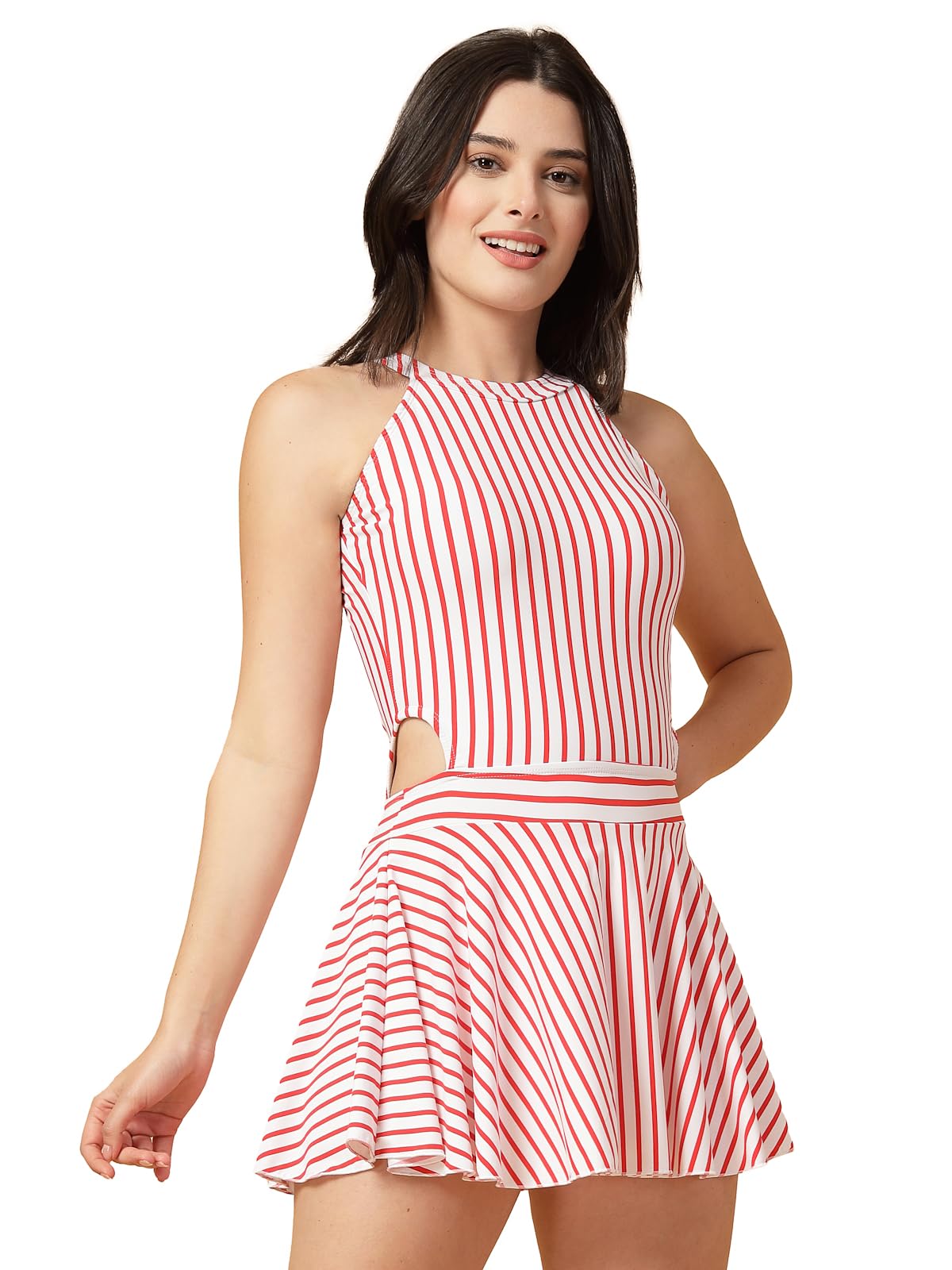 Padded Striped Print Red Side Cut Swimsuit-image-34