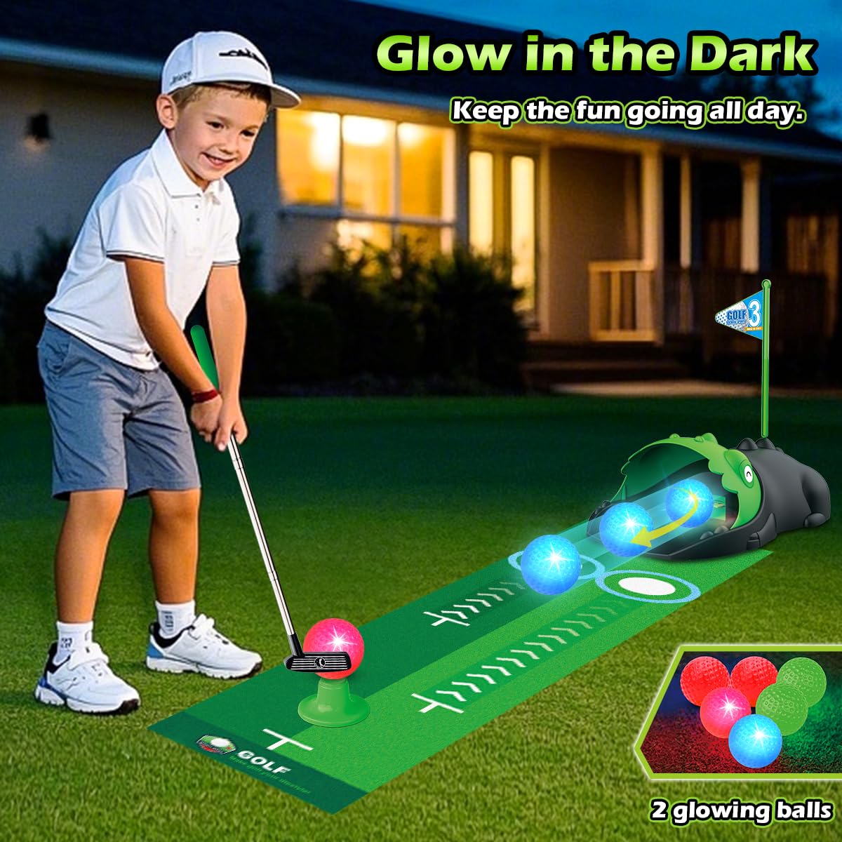 Giocattolo da Golf per Bambini Aggiornato con Raccoglitore Automatico, Palline da Golf Luminescenti a LED,Mazze, Tappetino da Putting,Mini Golf per 3-8 Anni, Giochi Sportivi per Ragazzi e Ragazze 3+