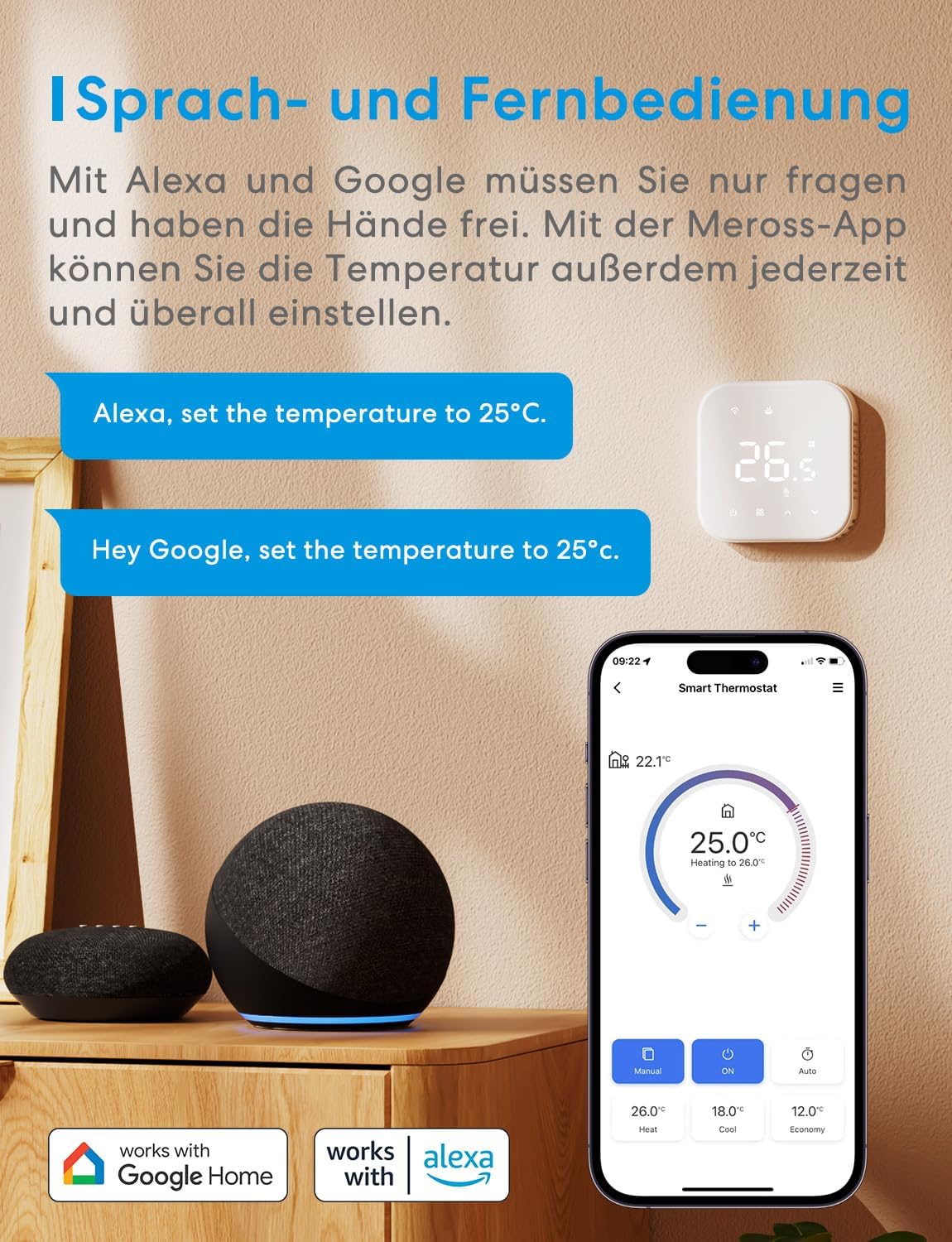 Meross Smart Elektrische Thermostat, WLAN Fußbodenheizung Raumthermostat, Heizen & Kühlen kompatibel mit Alexa und Google, Sprachsteuerung, Fernsteuerung und Zeitplan