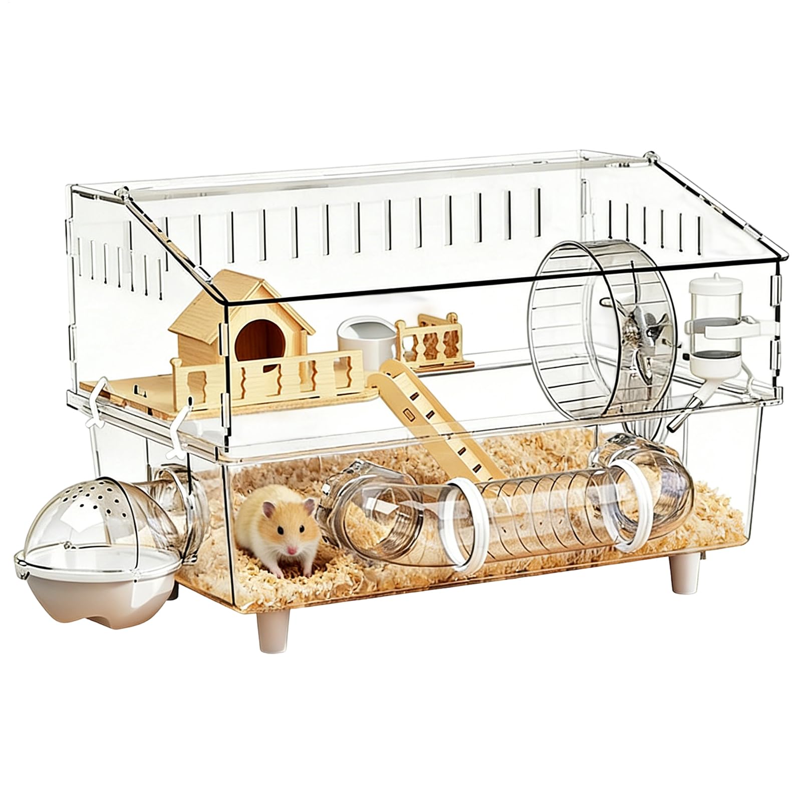 Großer Hamsterkäfig 2 Etagen - Transparentes Acryl Hamsterhaus (45x30x34cm) - Nagerkäfig mit Rundum-Sicht für Zwerghamster & Mäuse - Stabiler Kleintierkäfig für Zuhause & HaustierLiebhaber