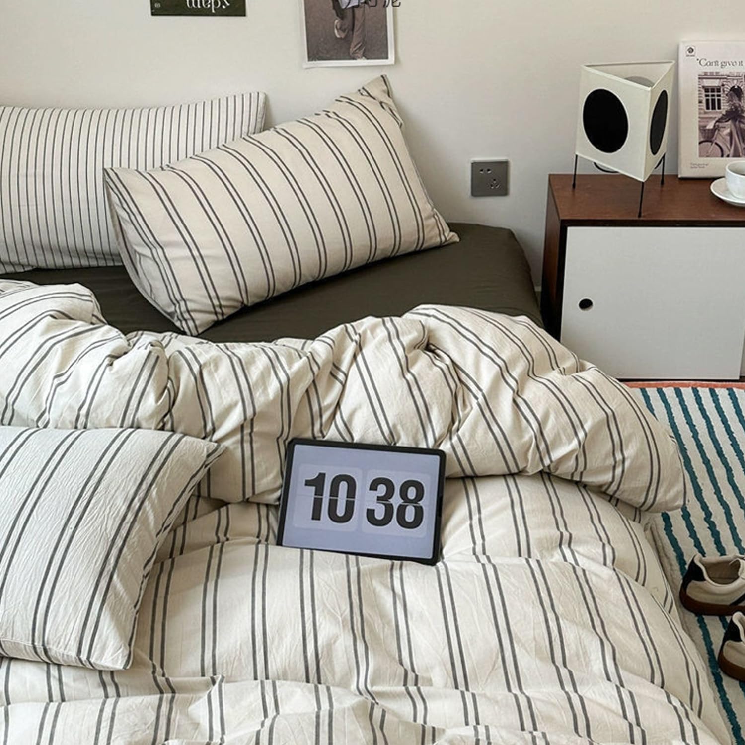 Freyamy Beige Double Duvet Cover Set - 3pcs Stripe Bedding Set, Reversible Grenn Stripes Bedding Set Single Size 200x200 cm and 2 Pillowcase 50x75 cm