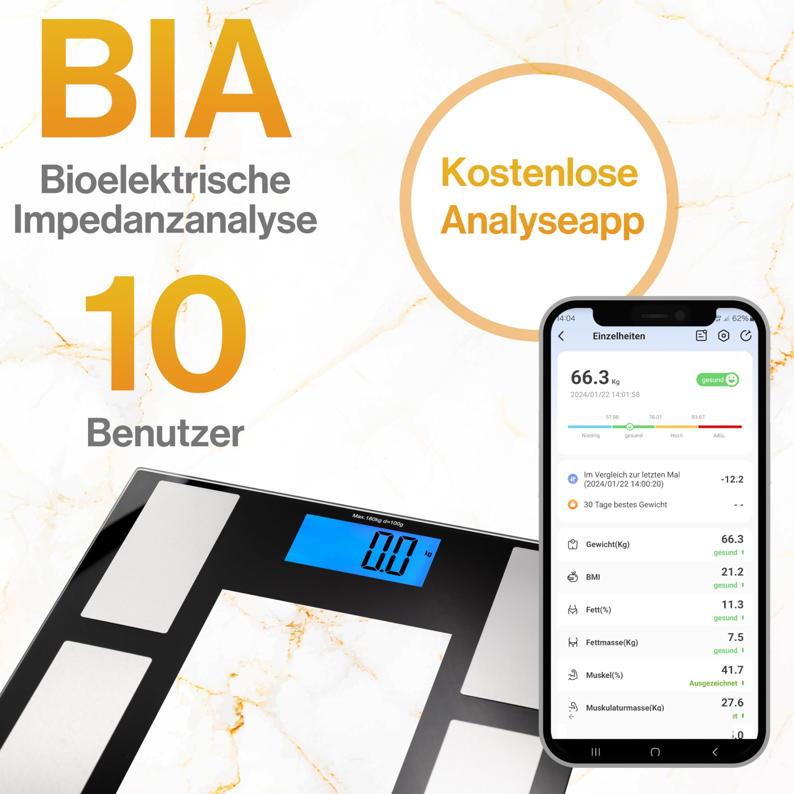Iskra Bilancia per grasso corporeo Bluetooth con app, 180 kg, per iOS e Android, tecnologia BIA, bilancia pesapersone digitale, bilancia analitica del corpo, 10 utenti