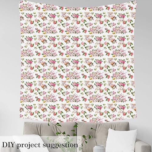 Miniatura 3 de Feelyou The Yard, tela floral de flor de cerezo, tazas de té de acuarela, tartas de macarrón, tela de tapicería para sillas y proyectos de bricolaje