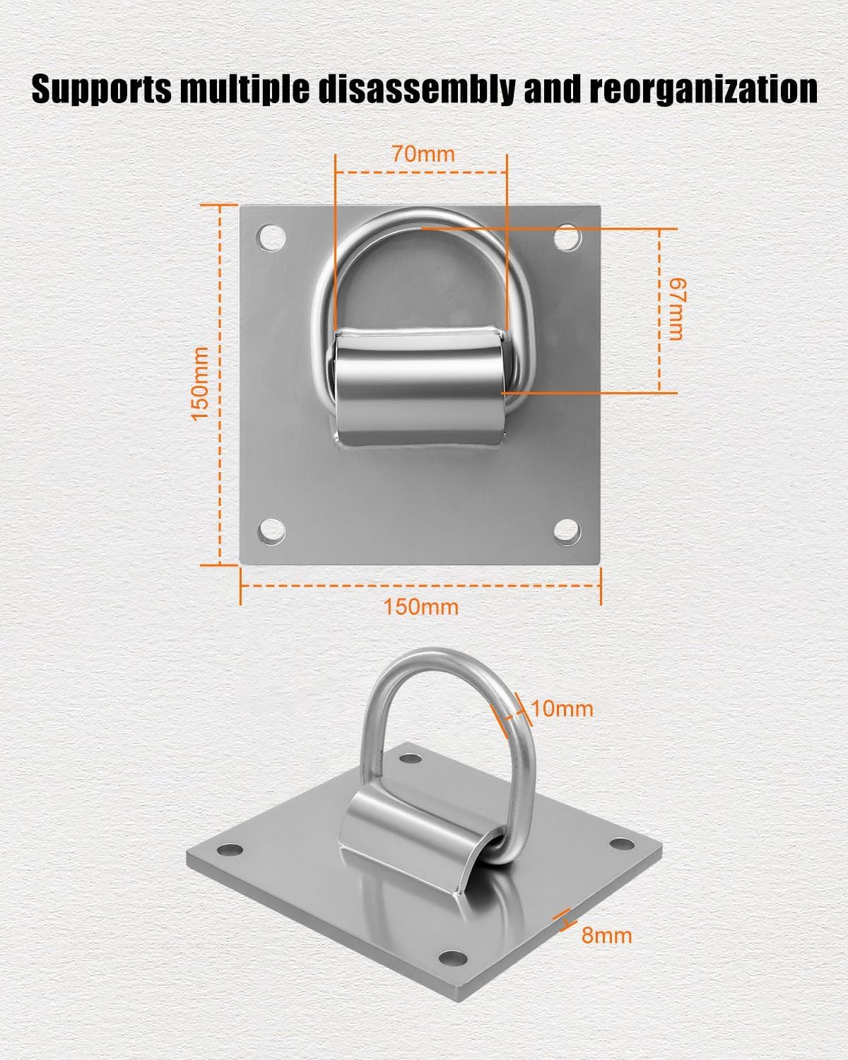 5.9 x 5.9 Inch D-Ring Anchor Plate for Concrete Walls Ceilings Columns, Heavy Duty Reusable Fall Protection D-Plate Anchor, Thickness 8mm