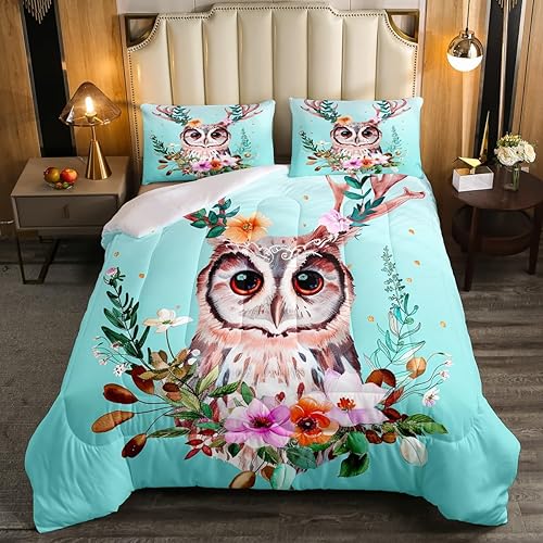 Erosebridal Juego de edredón de búho, edredón de plumón de flores amarillas y rosas, juego de ropa de cama tamaño Queen con bonito diseño de pájaros