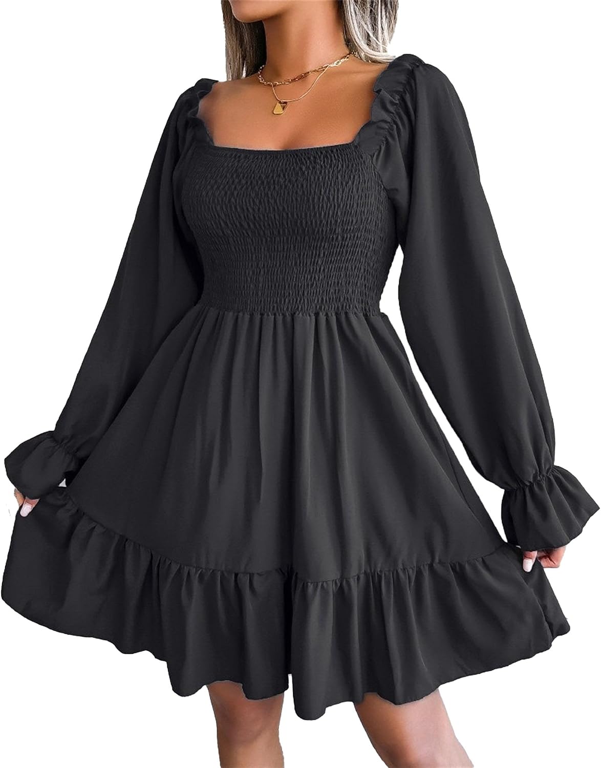 Generic Women'S Boho Flowy Long Sleeve Dress Elegant Square Neck Floral Midi Dress Smocked Spring Fall Wedding Guest Dresses