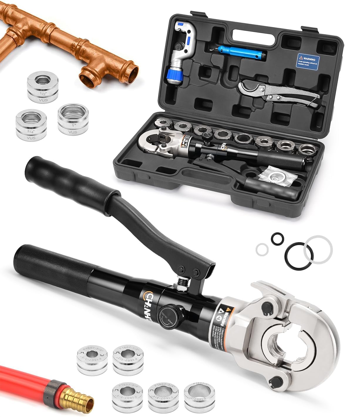Hydraulic Copper Tube Fittings 1/2, 3/4, 1" Press Crimping Tool Kit Pex Pipe Crimper Pressing Pliers Stainless PEX Press Sleeves for Copper Pipe with Pipe Cutter