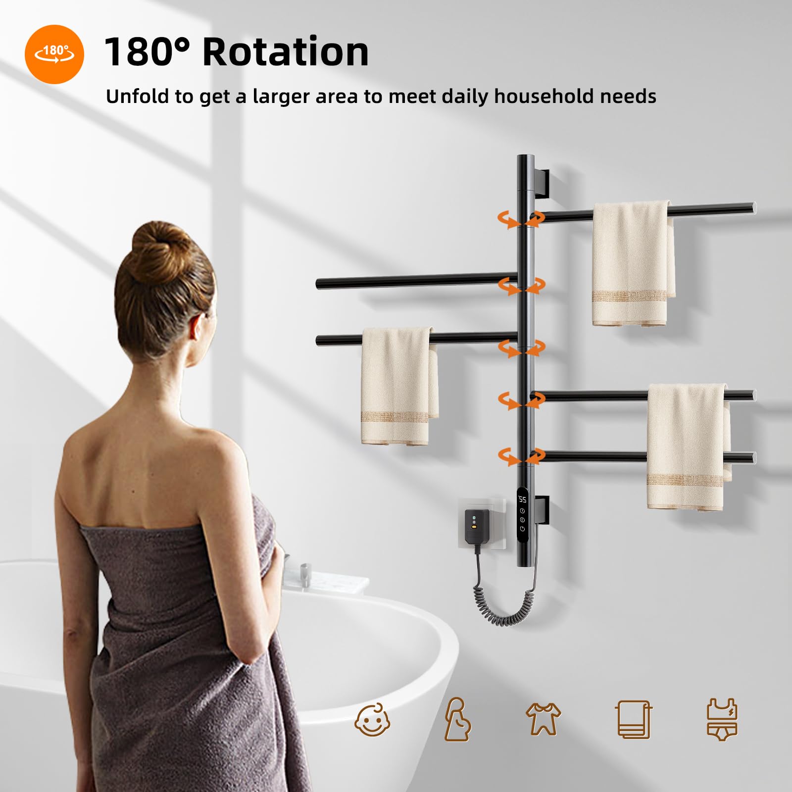 Toallero Electrico Baño, Rotación de 180° Radiador Toallero Electrico, 675x415mm, Secatoallas, Calentador de Toallas, Toallero Baño Radiador, Temperatura Ajustable, Bajo Consumo, Impermeable-Black