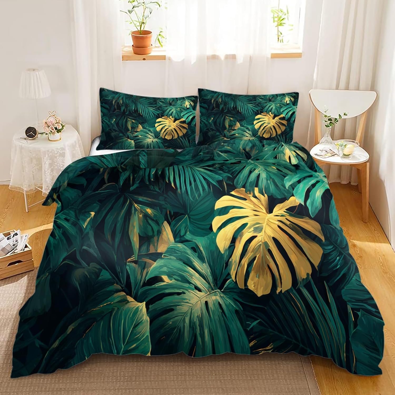 Funda Nórdica Cama 180 Hojas De Monstera y Palmera Reversible Funda de Edredón 135 x 200 cm Follaje Selvático Juego de Ropa de Cama 3 Piezas en Microfibra Transpirable con Cremallera y 2 Fundas d-87