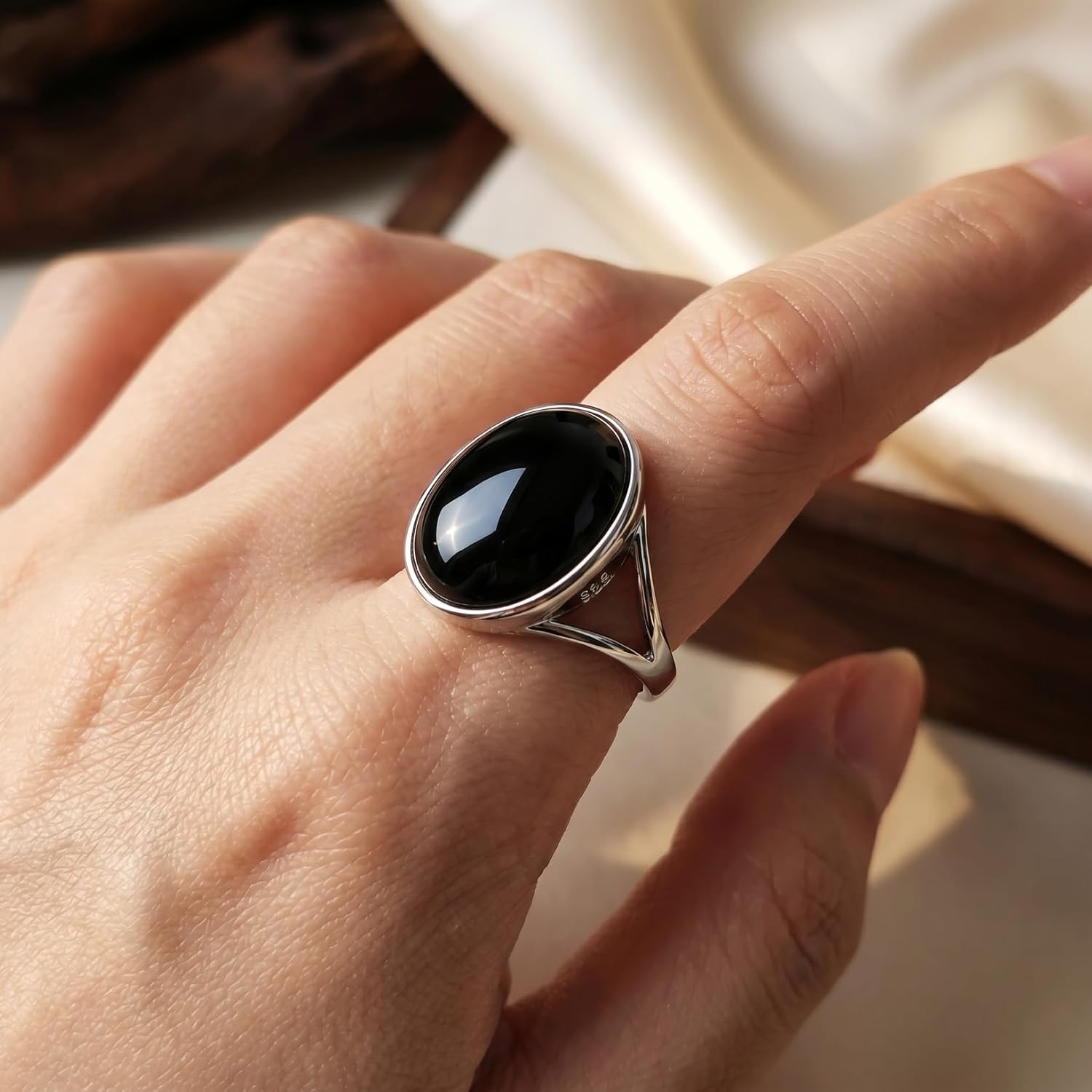 Adjustable Black Onyx Statement Ring, Oval and Marquise Solitaire in 925 Sterling Silver,An Artisan Statement Piece for Her