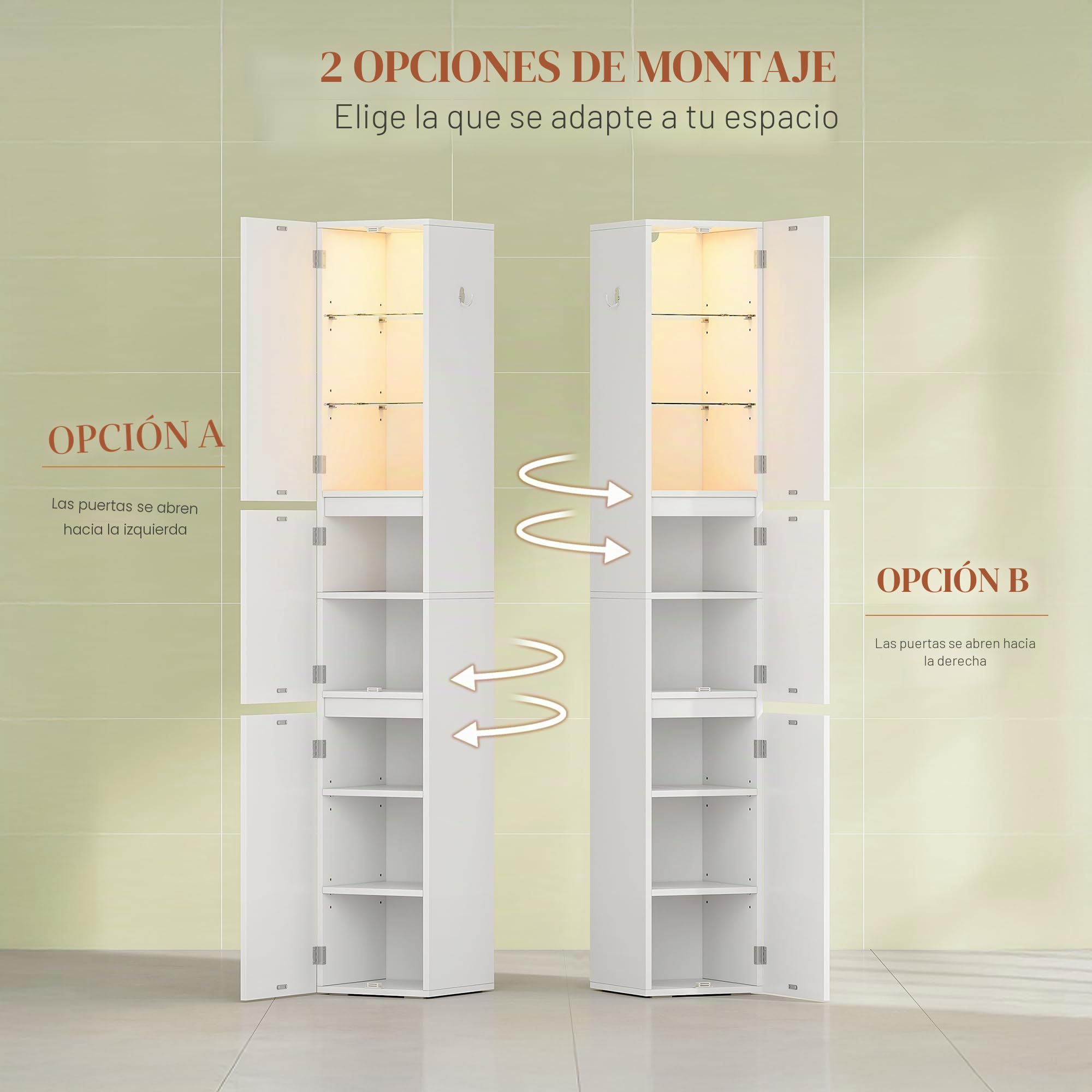 HEXCELEN Armario de Baño con Iluminación, Mueble de Almacenamiento, Mueble de Almacenamiento con Estantes de Cristal Ajustables, Tres Puertas Reversibles, Adecuado para Espacios Pequeños, Blanco