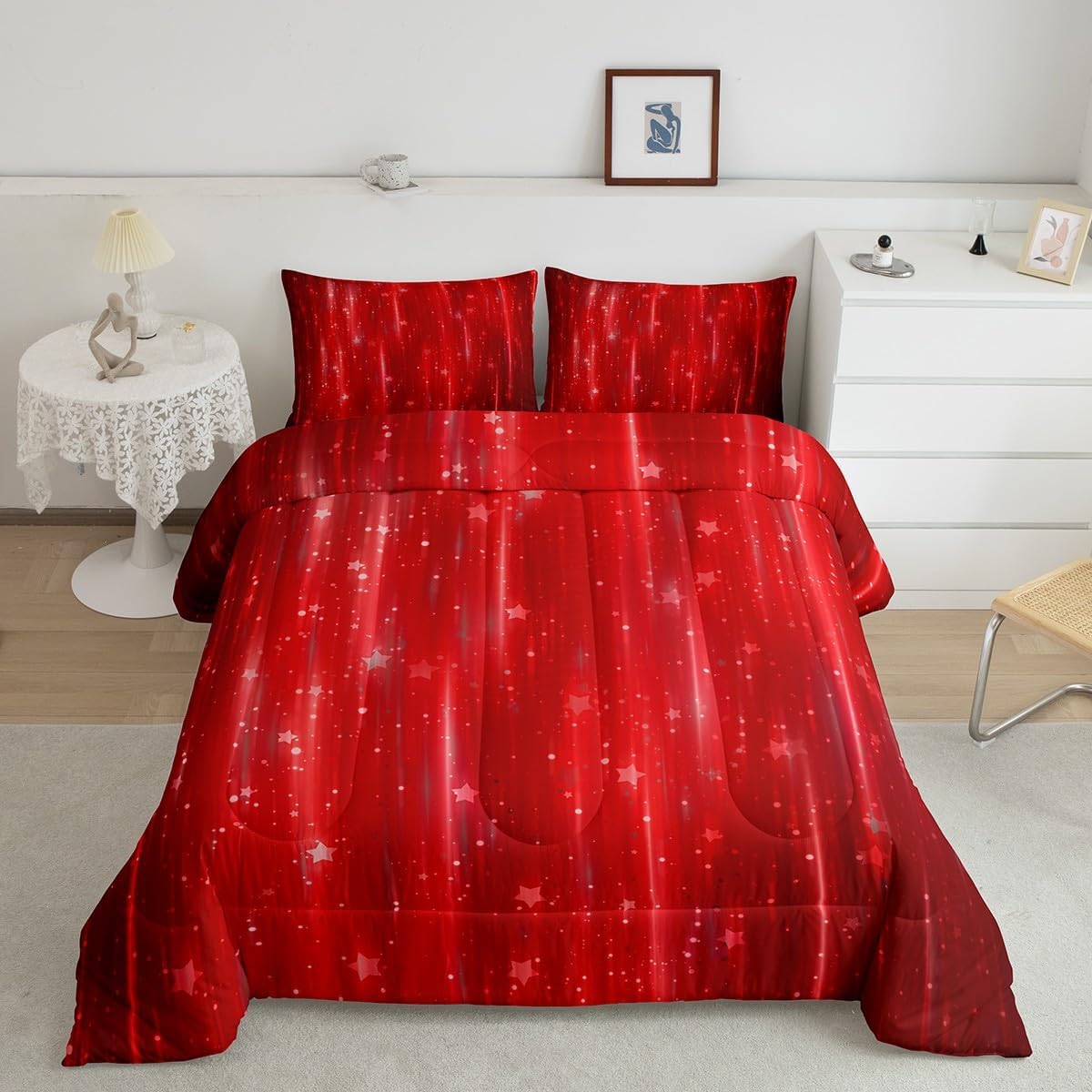 Erosebridal Gradient Red Queen Comforter Set 7-Piece Modern Ombre Bedding Comforter Sets, Abstract Glowing Bed in a Bag Twinkle Stars Bedding Set, Neon Aesthetic Bed Sheets Set for Kids