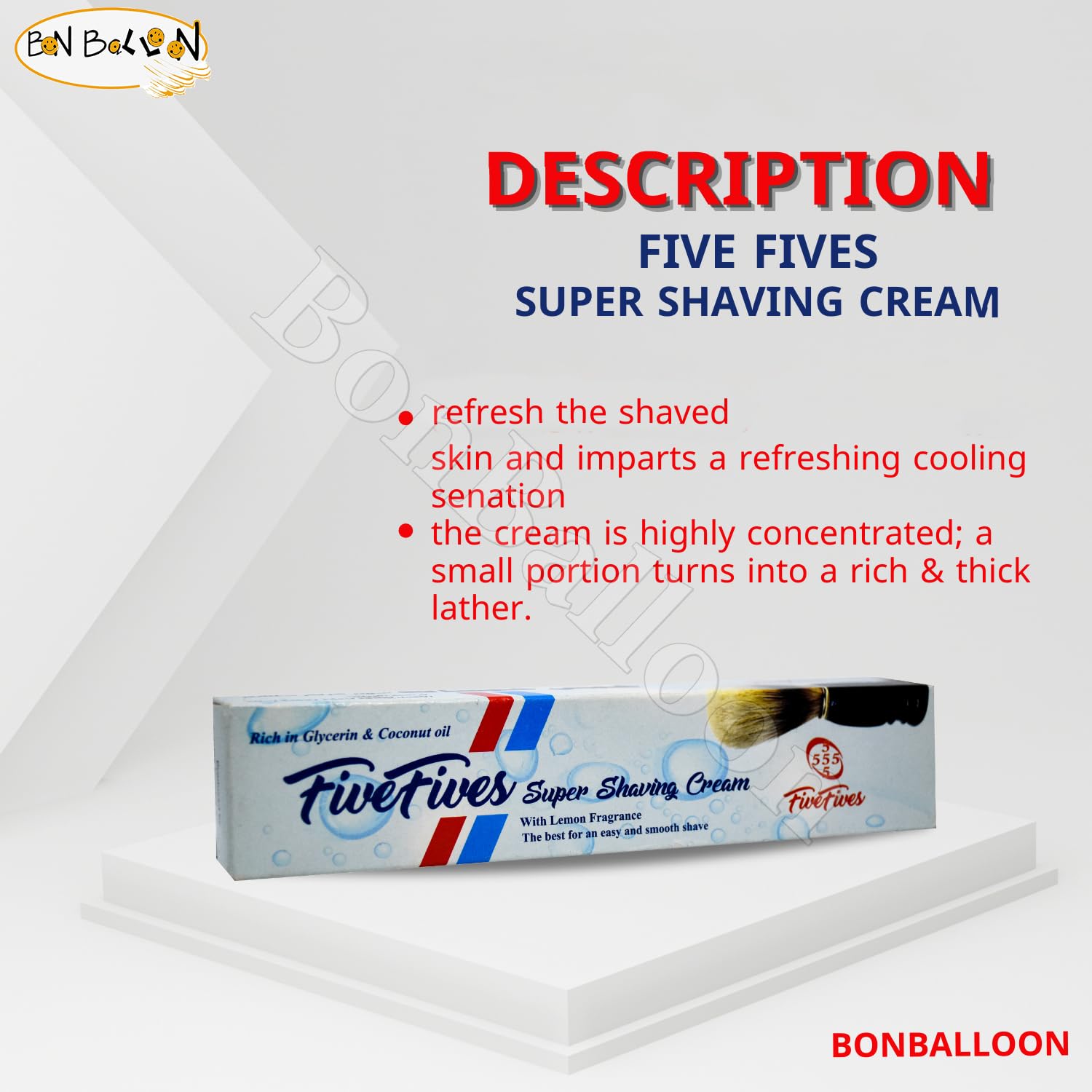 Bonballoon Five Fives - Crema da barba fresca 55555, ogni tubetto da 50 g, olio di cocco con glicerina, per una rasatura più morbida e rasata, 55555, Fabricad 50 g (confezione da 3)
