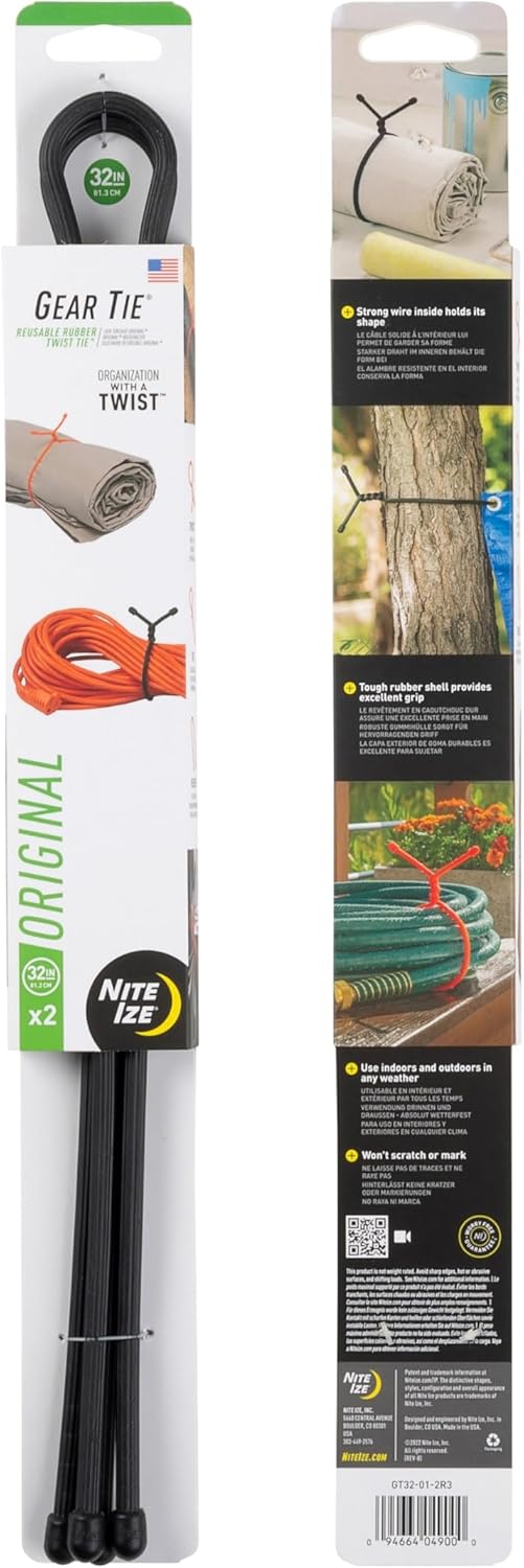 Nite Ize Gear Tie Reusable Rubber Twist Tie - Bendable Rubber Ties for Indoor & Outdoor Use - Reusable Multipurpose Twist Ties for Organizing & More - 32", Black (4 Pack)