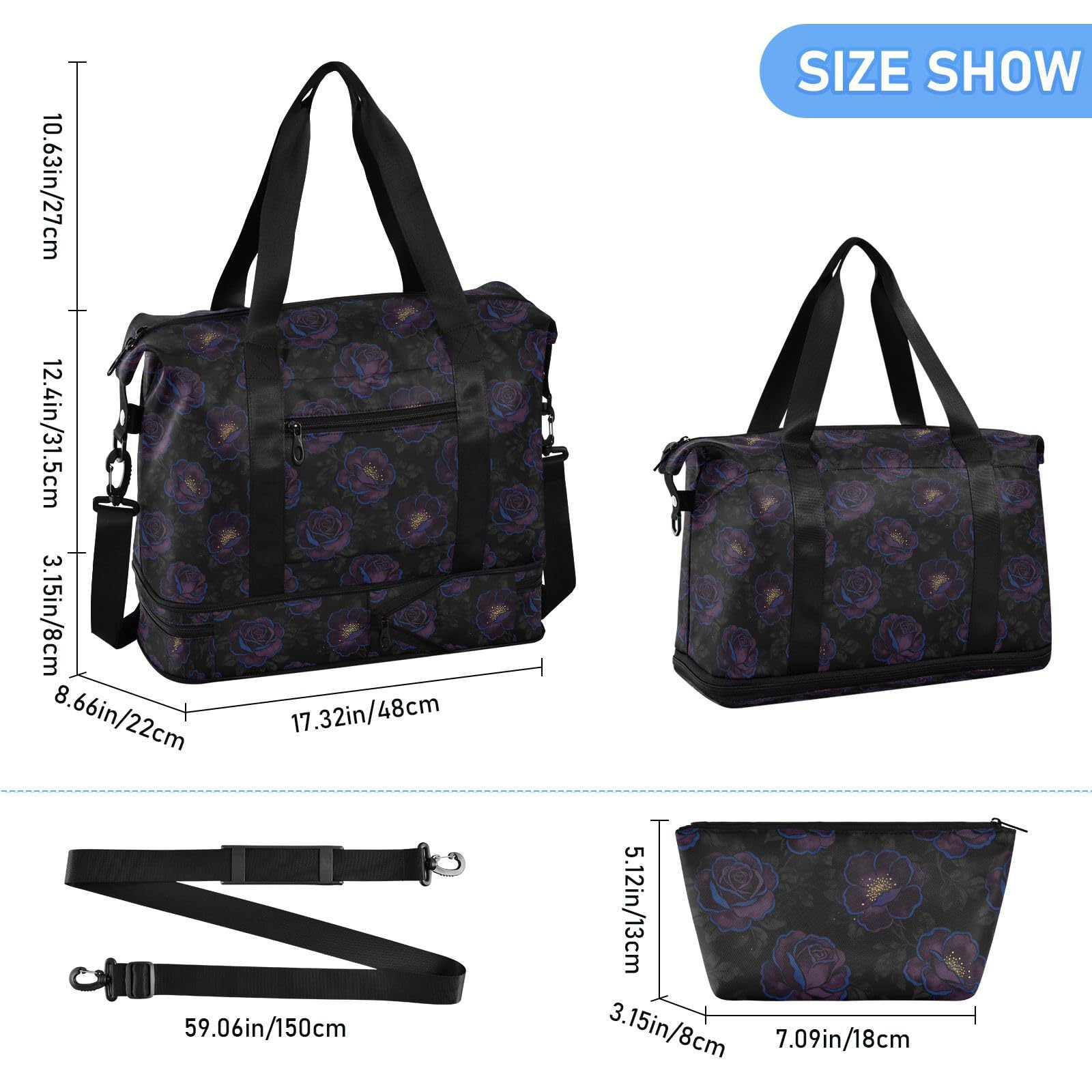 Borsone pieghevole con fiore viola scuro nero borsa da viaggio Weekender Gear Bag con borsa da toilette per escursionismo